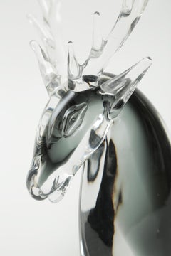 Rare Venetian Glass Sculpture Stag with Antlers, Midcentury Vintage Black Clear