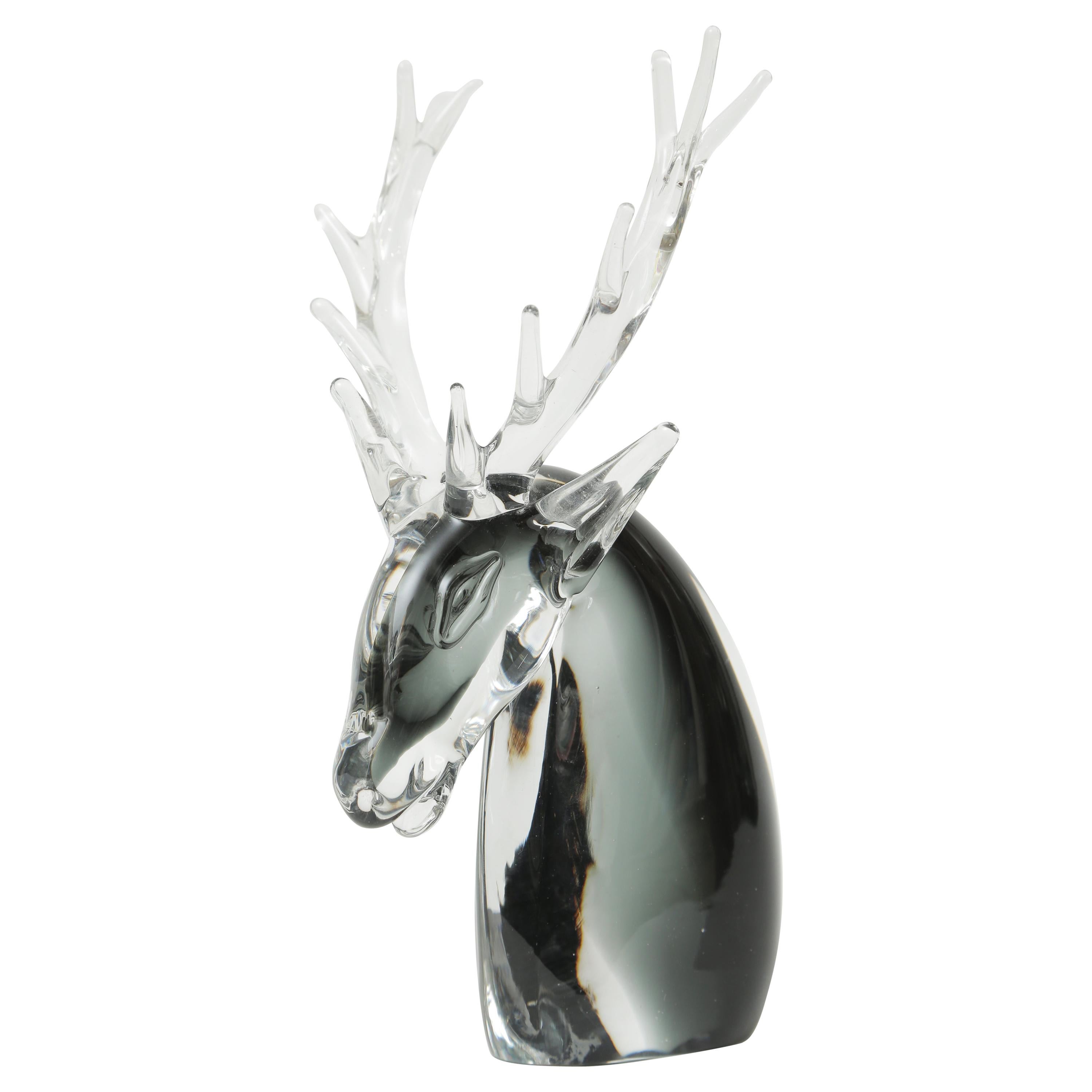 Rare Venetian Glass Sculpture Stag with Antlers, Midcentury Vintage Black Clear For Sale