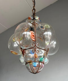 Rare Venetian Murano Pendant Light Millefiori Mouth Blown Glass in Frame Seguso