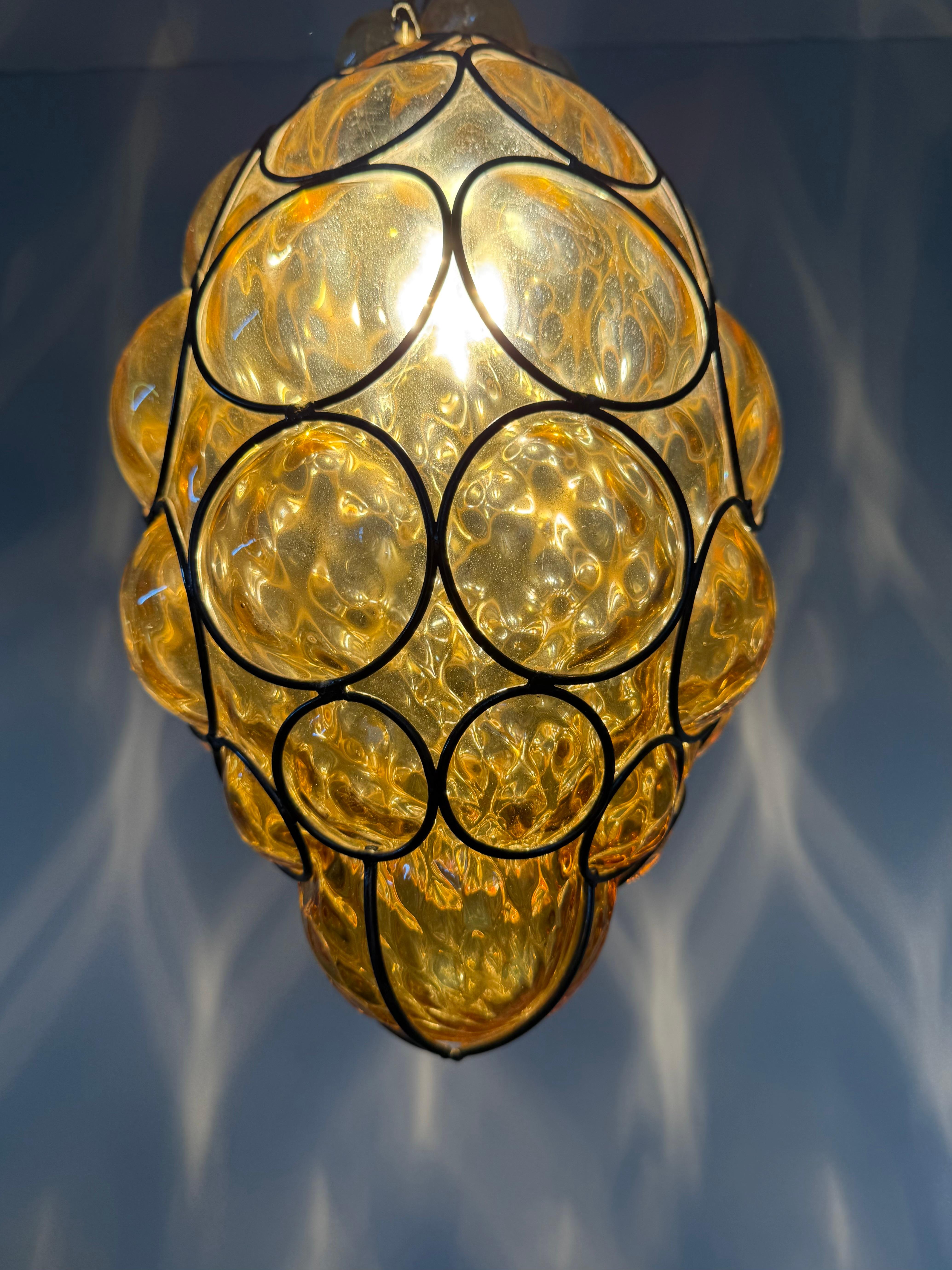 Rare Venetian Murano Pendant Light with Mouth Blown Amber Colored Glass in Frame For Sale 2