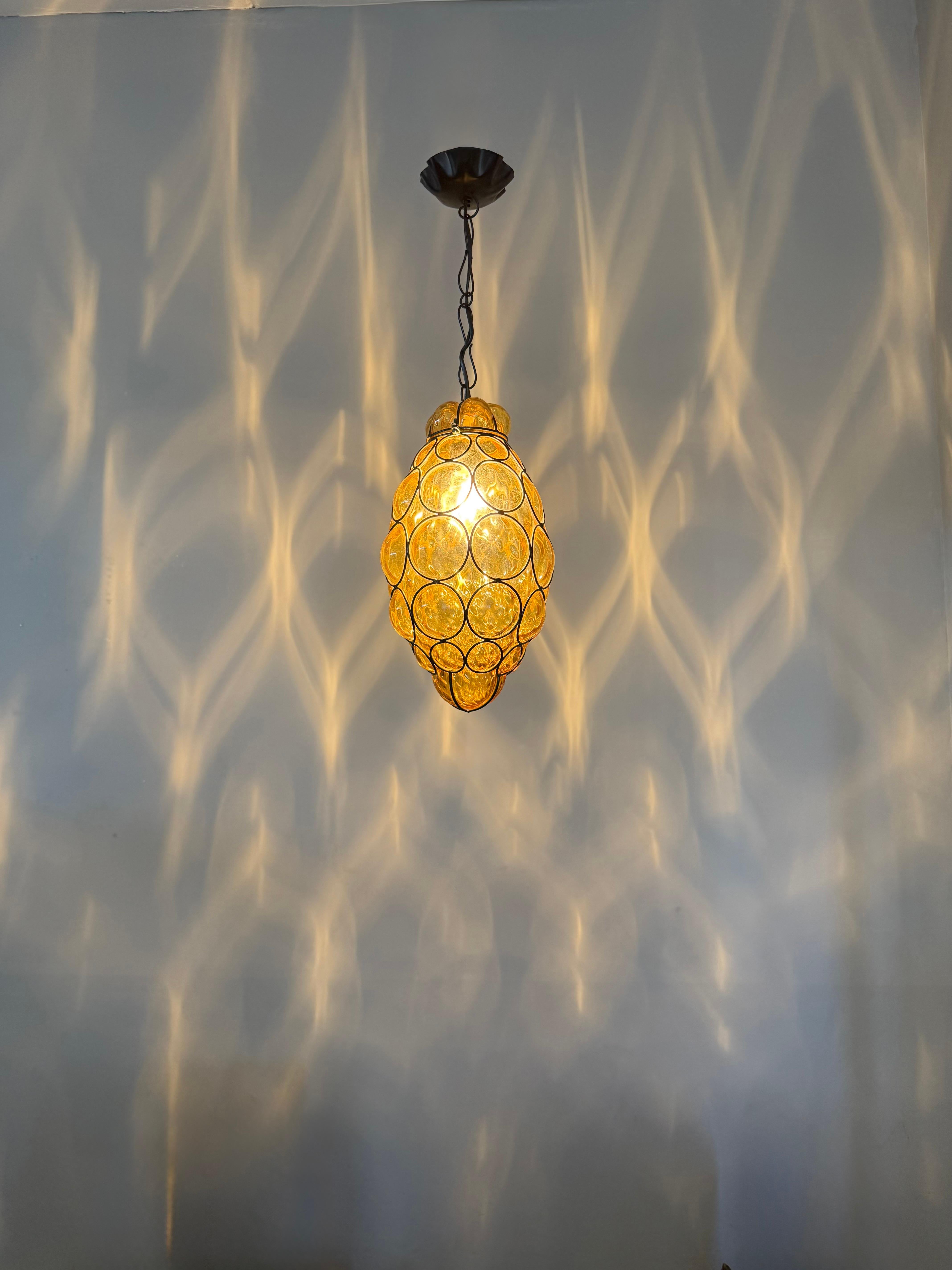 Rare Venetian Murano Pendant Light with Mouth Blown Amber Colored Glass in Frame For Sale 4