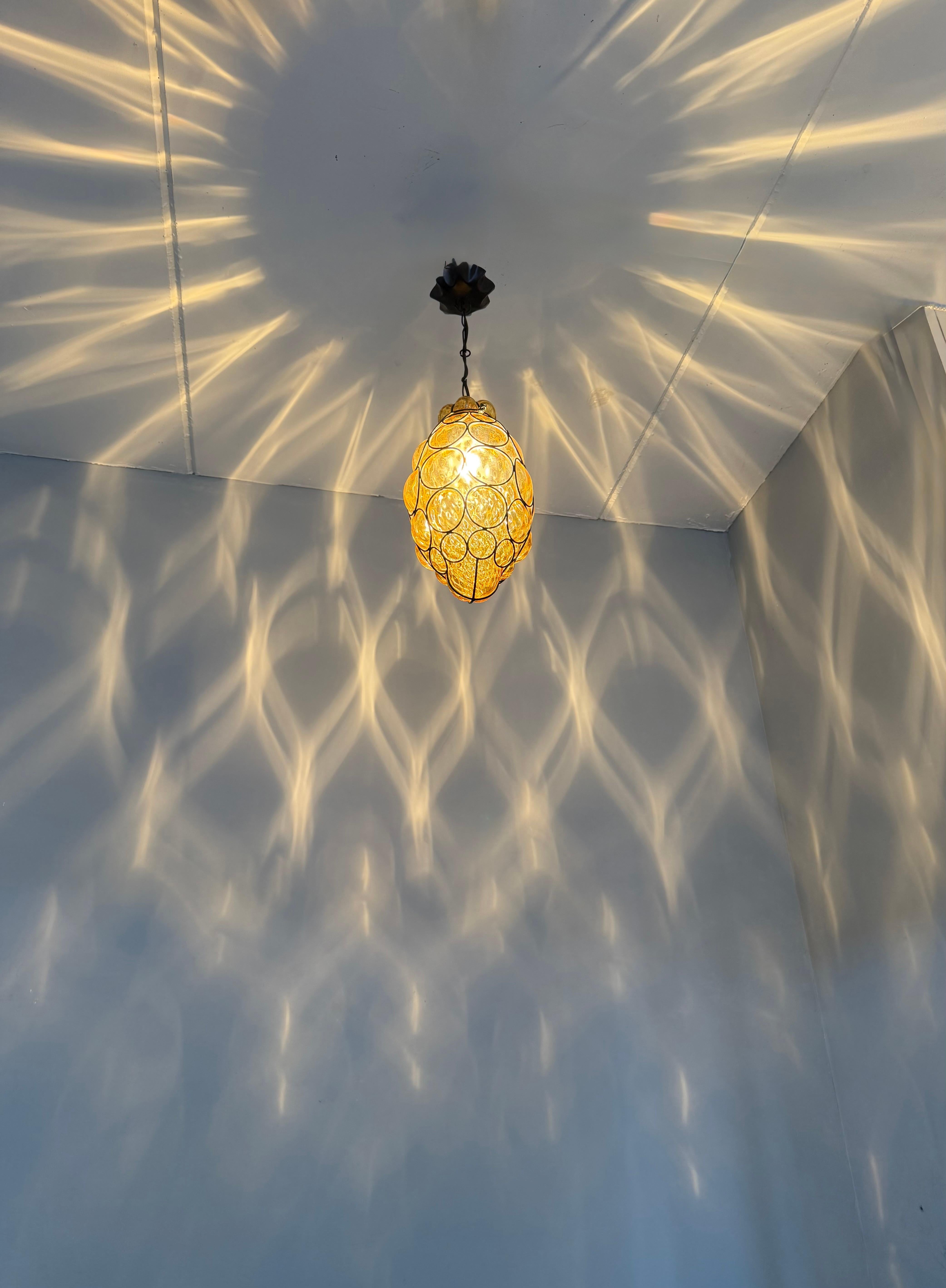 Rare Venetian Murano Pendant Light with Mouth Blown Amber Colored Glass in Frame For Sale 5