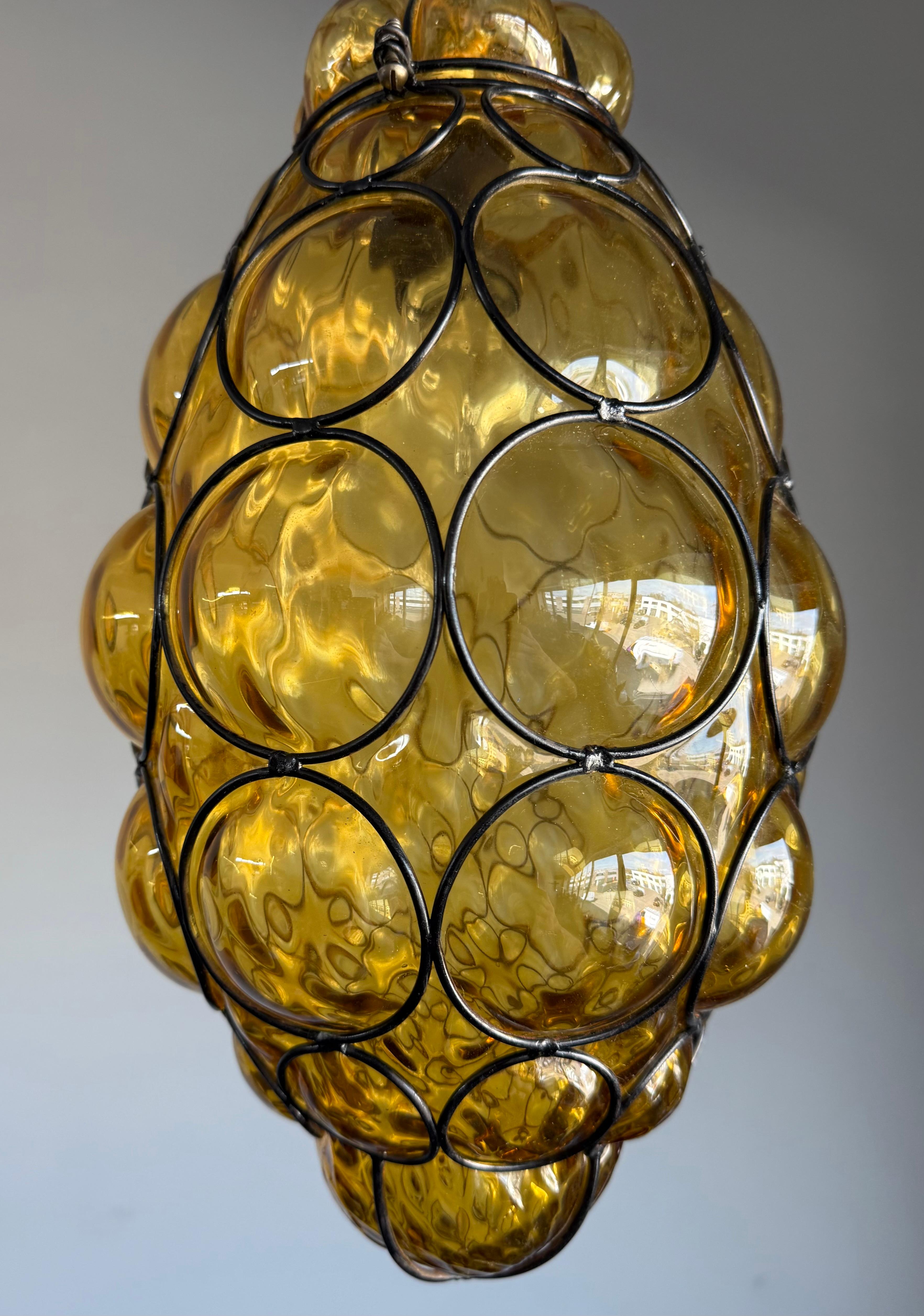 Rare Venetian Murano Pendant Light with Mouth Blown Amber Colored Glass in Frame For Sale 6
