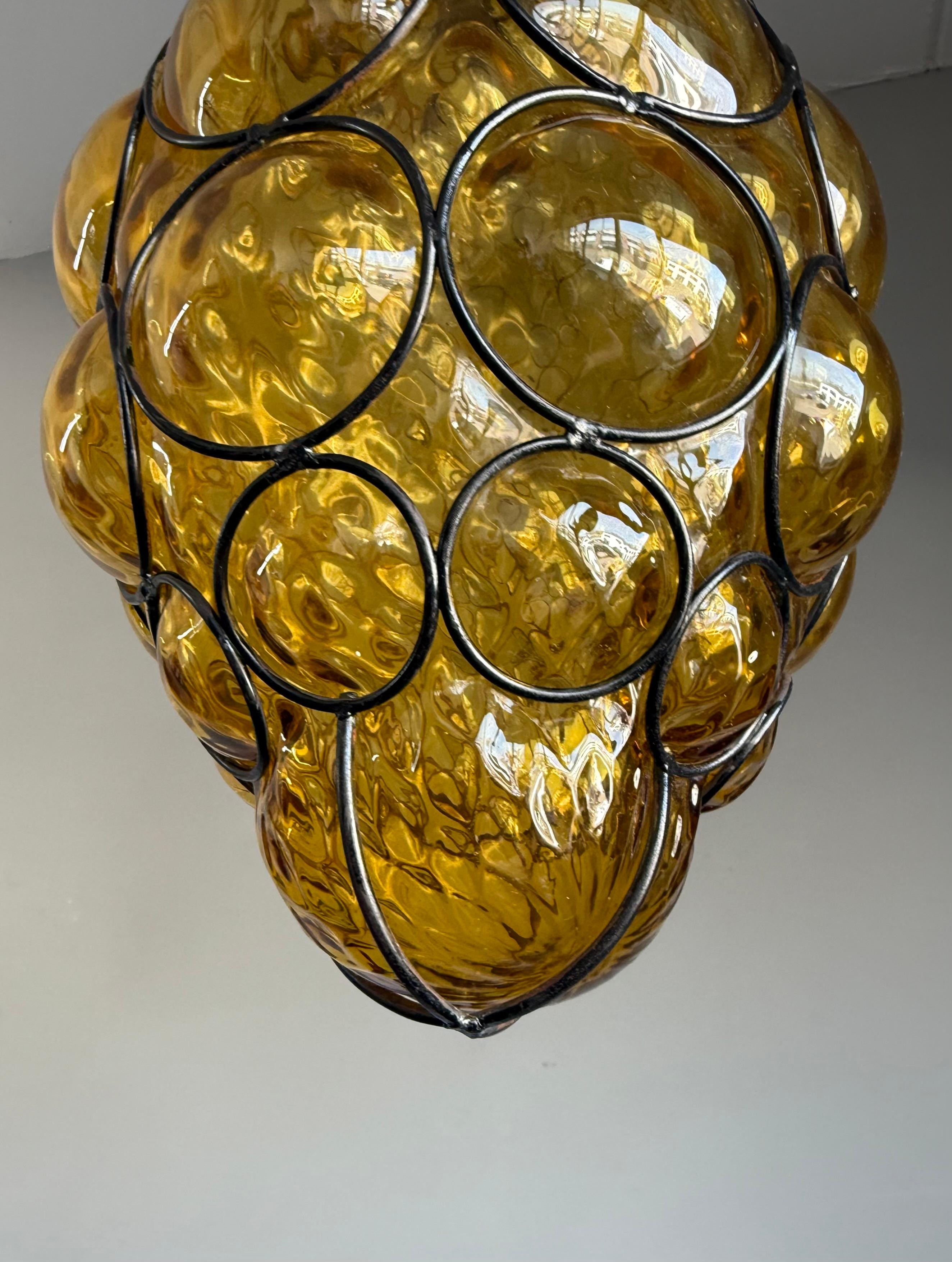 Rare Venetian Murano Pendant Light with Mouth Blown Amber Colored Glass in Frame For Sale 7