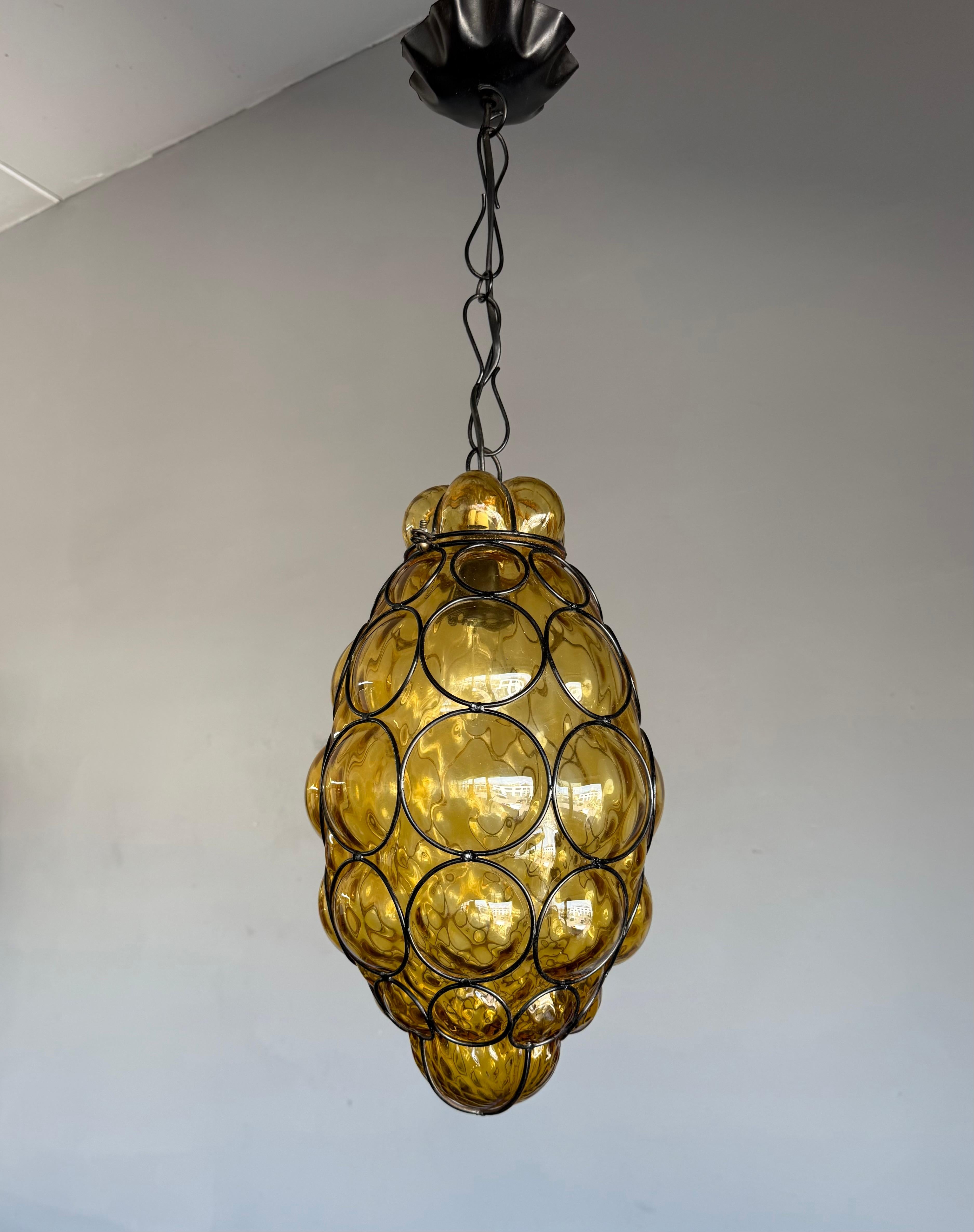 Rare Venetian Murano Pendant Light with Mouth Blown Amber Colored Glass in Frame For Sale 8