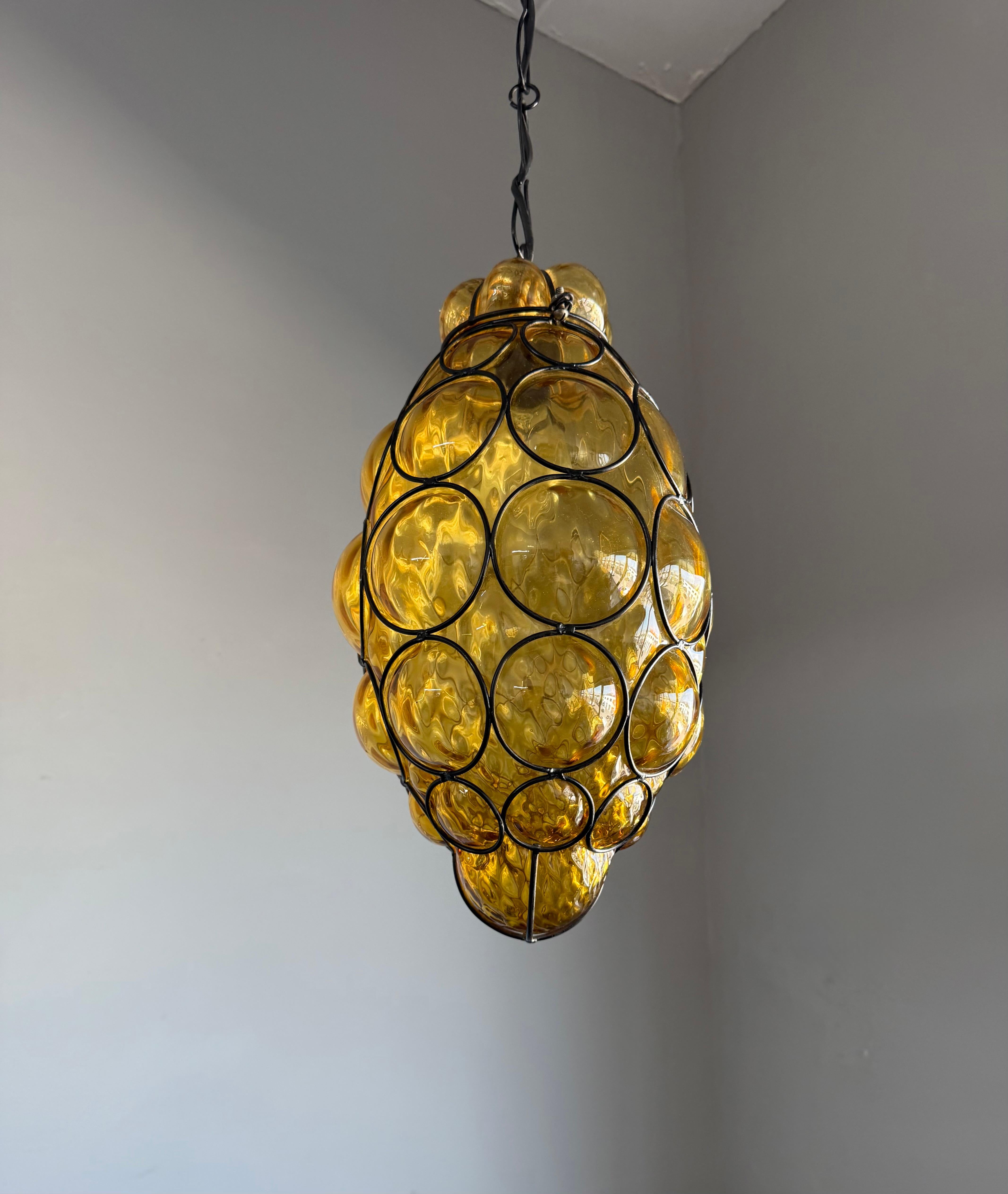 Rare Venetian Murano Pendant Light with Mouth Blown Amber Colored Glass in Frame For Sale 9