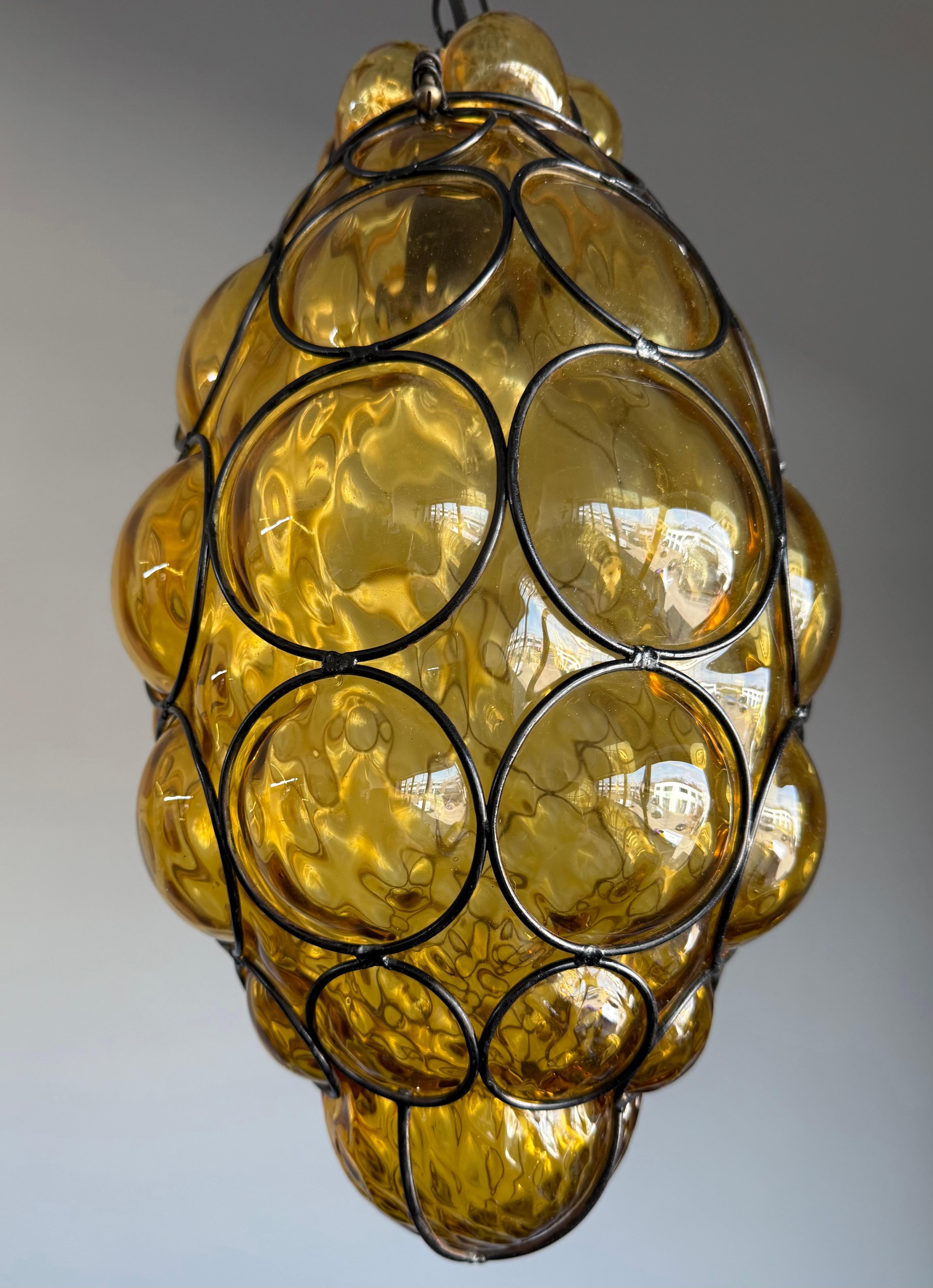 Rare Venetian Murano Pendant Light with Mouth Blown Amber Colored Glass in Frame For Sale 10