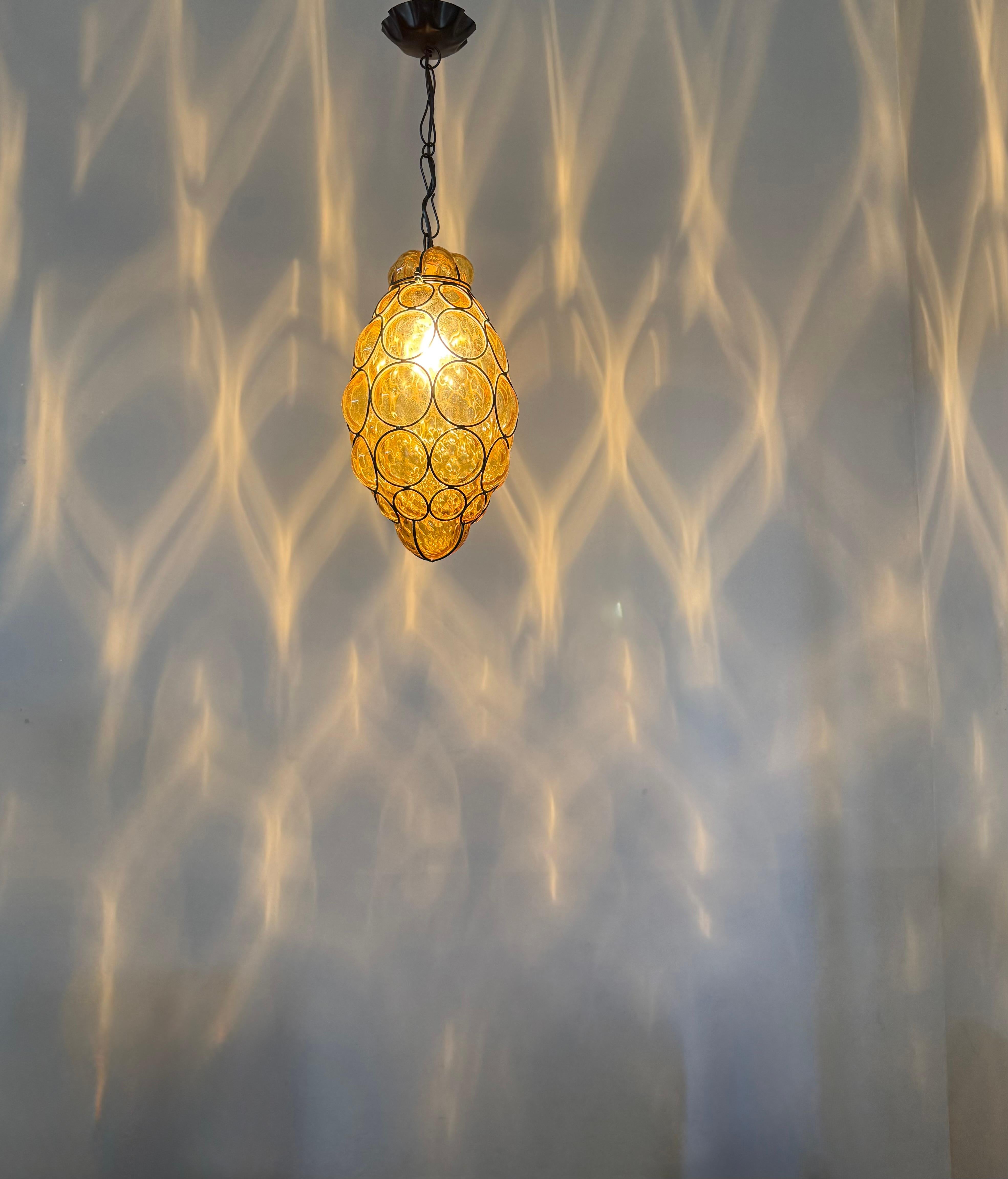Rare Venetian Murano Pendant Light with Mouth Blown Amber Colored Glass in Frame For Sale 11