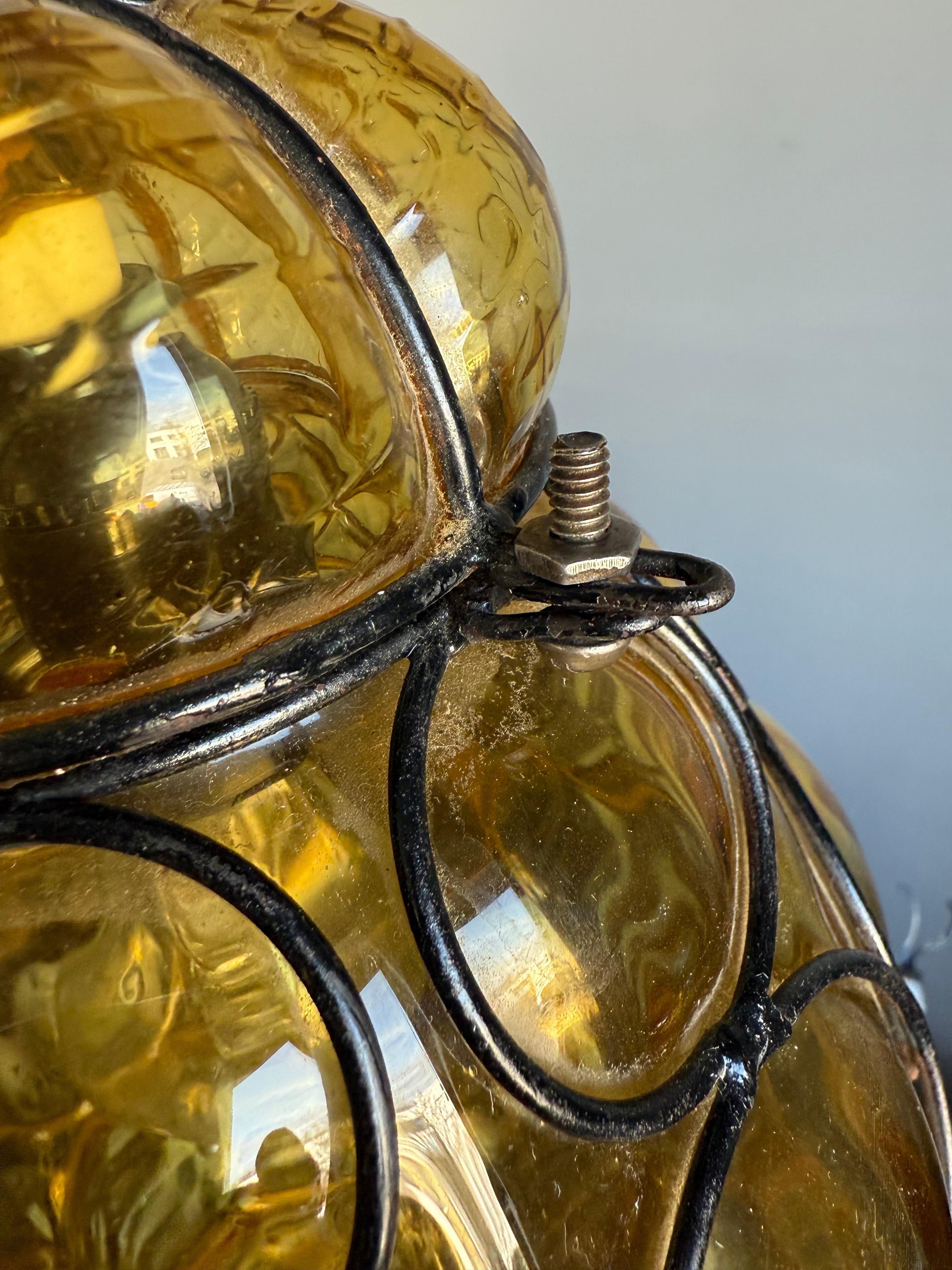 Rare Venetian Murano Pendant Light with Mouth Blown Amber Colored Glass in Frame In Excellent Condition For Sale In Lisse, NL