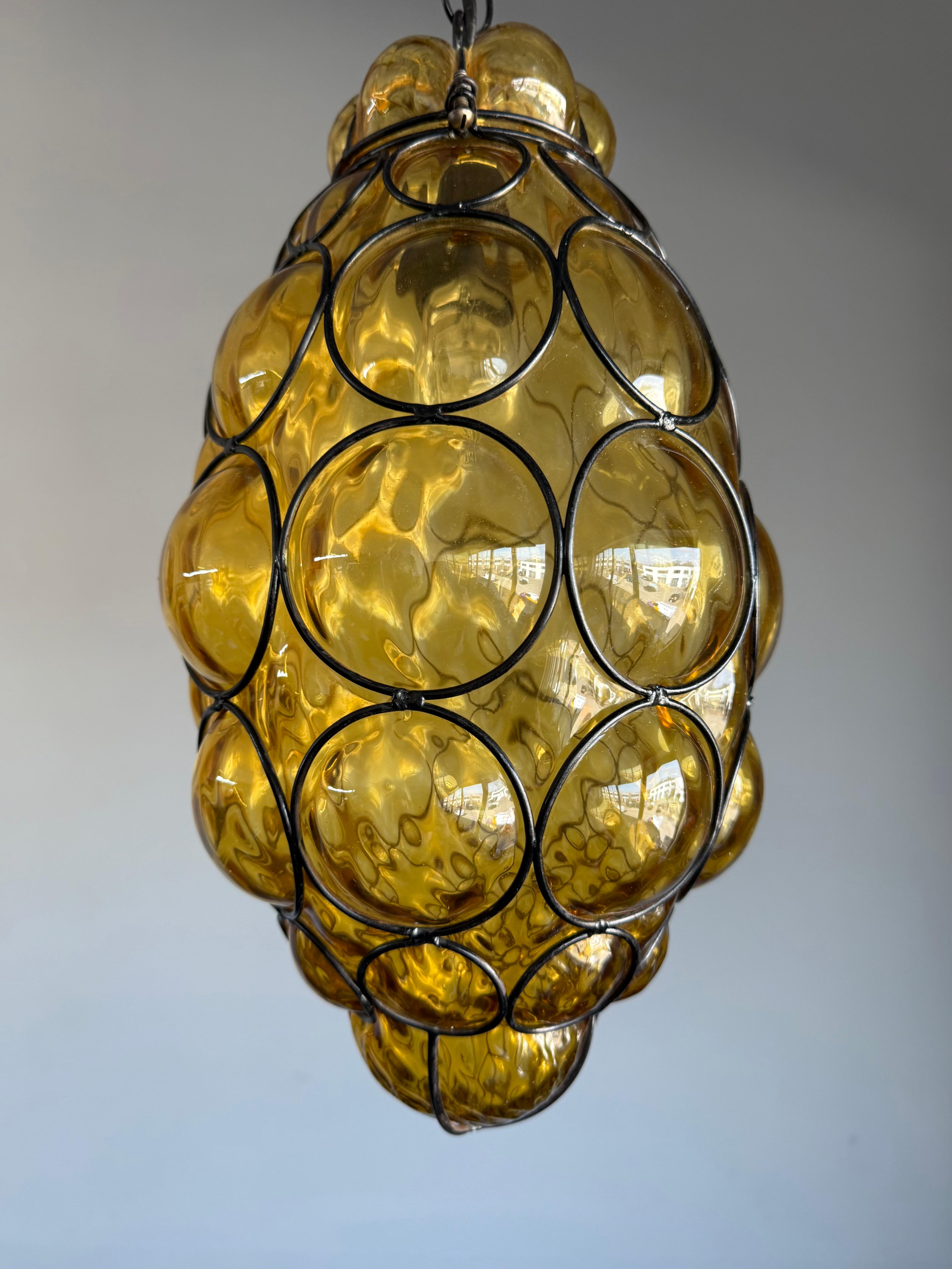 Rare Venetian Murano Pendant Light with Mouth Blown Amber Colored Glass in Frame For Sale 1