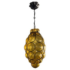 Rare Venetian Murano Pendant Light with Mouth Blown Amber Colored Glass in Frame