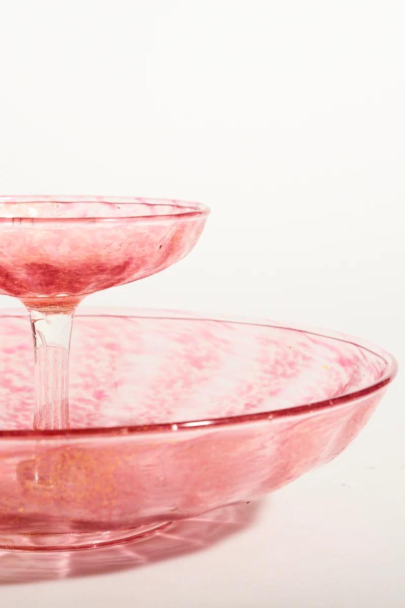 Mid-Century Modern Rare Venetian Murano Pink/Gold Fleck Glass Appetizer Serving Dishes, Set of Two