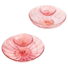 Retro Rare Venetian Murano Pink/Gold Fleck Glass Appetizer Serving Dishes, Set of Two