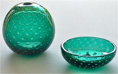 Rare Venini Carlo Scarpa 2 Glass Vases 1 Bowl A Bolle Tourmaline Green Gold 1936