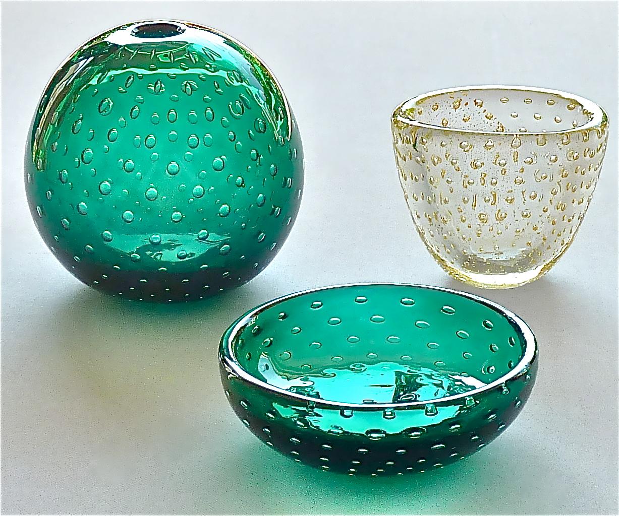 Rare Venini Carlo Scarpa 2 Glass Vases 1 Bowl A Bolle Tourmaline Green Gold 1936 9