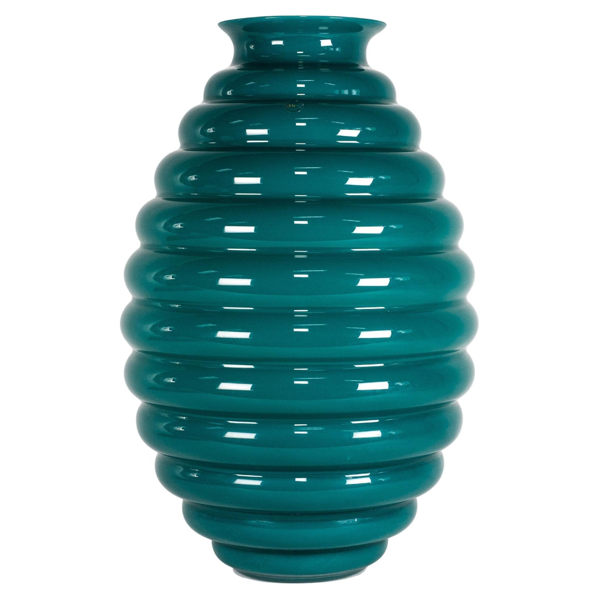 Rare VENINI vase Deco Paraiba Green Murano Glass, Signed 2014, Made in Italy