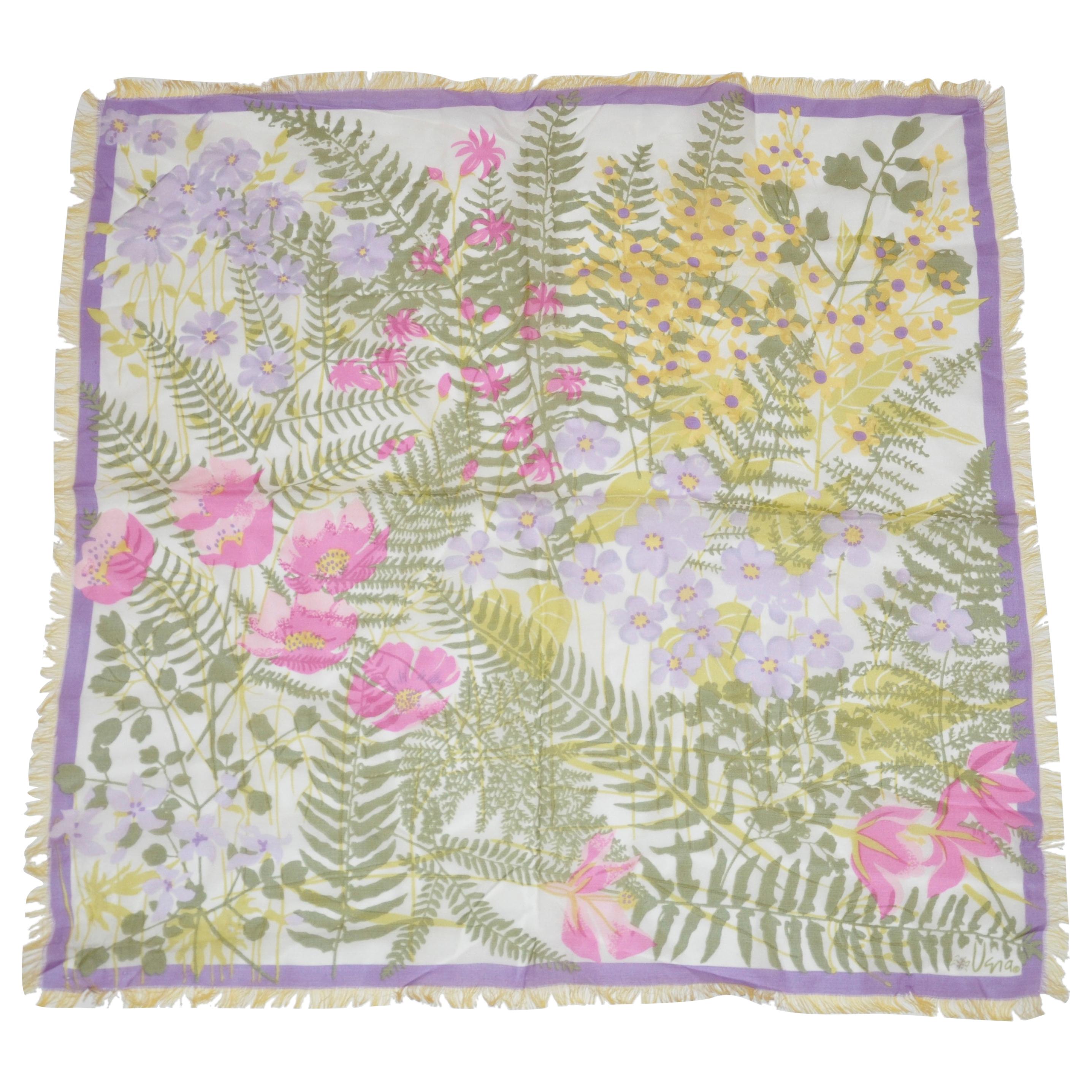 Rare Vera Delicate "Easter Florals" Fringed Silk Chiffon Scarf For Sale