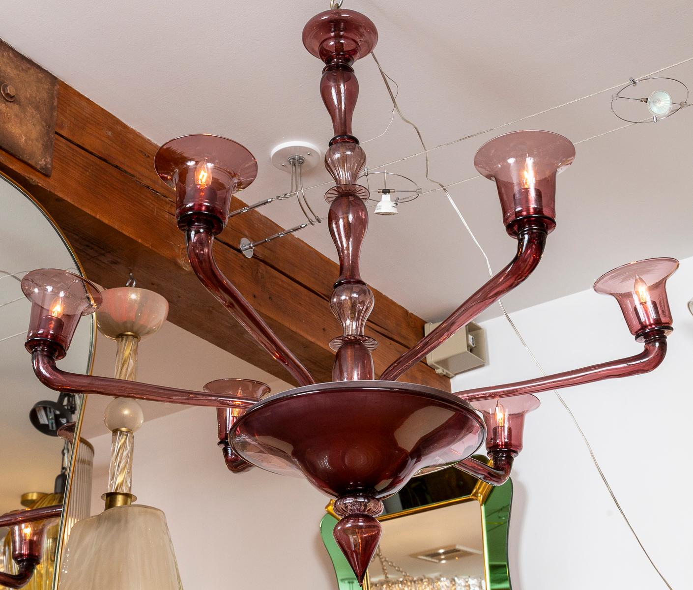 Rare Veronese Six Arm Uplight Murano Chandelier In Plum By Venini In Good Condition For Sale In Westport, CT
