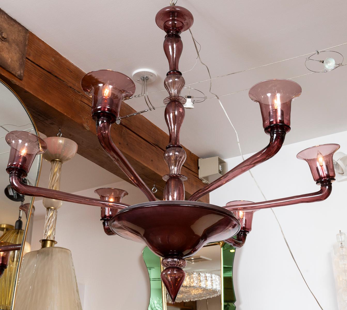 Mid-20th Century Rare Veronese Six Arm Uplight Murano Chandelier In Plum By Venini For Sale