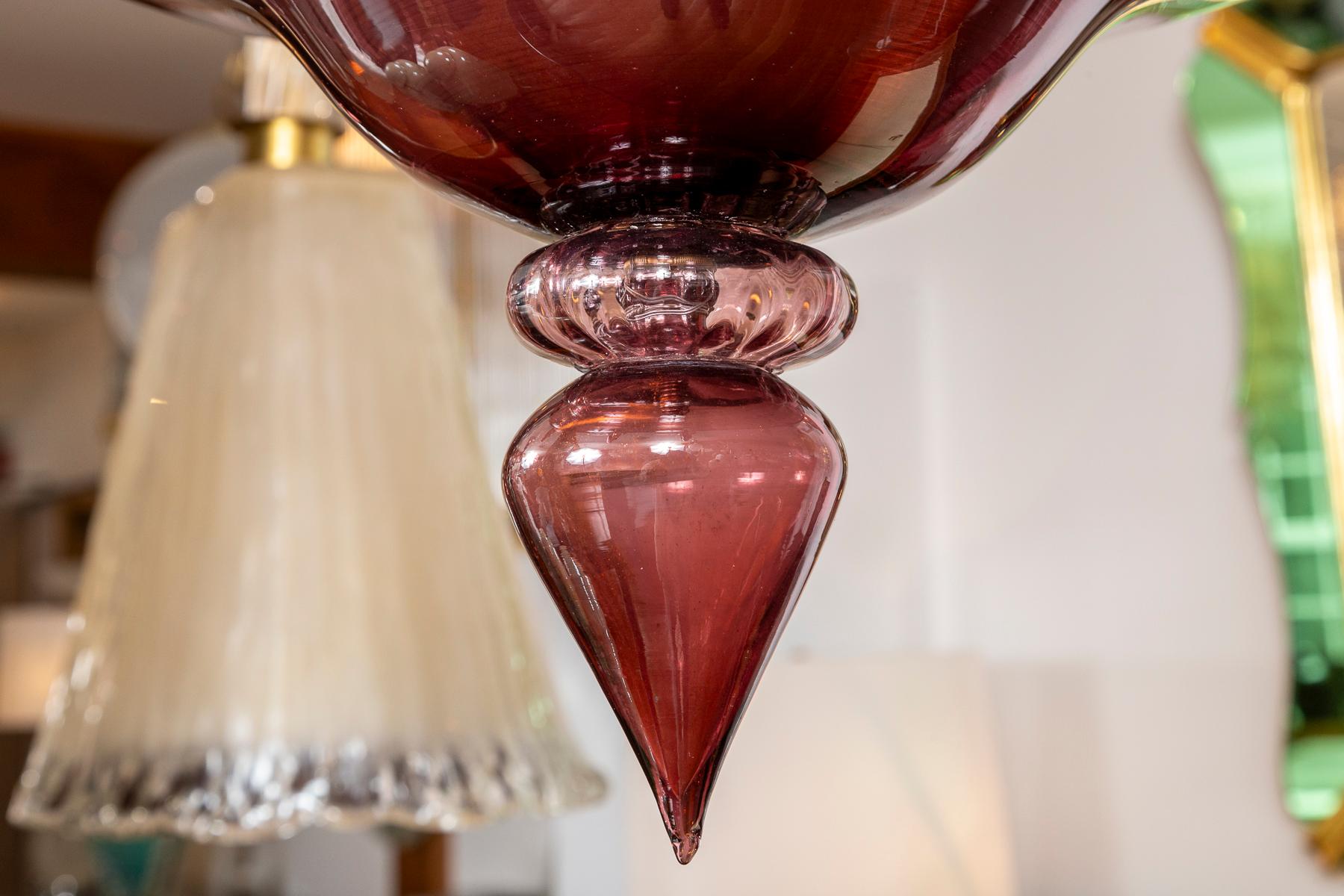 Rare Veronese Six Arm Uplight Murano Chandelier In Plum By Venini For Sale 1