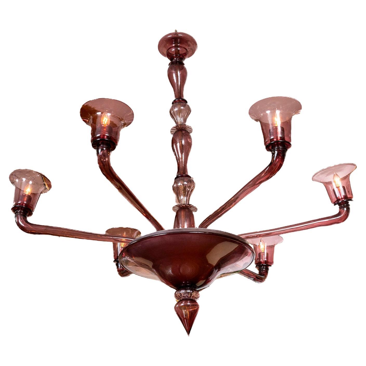 Rare Veronese Six Arm Uplight Murano Chandelier In Plum By Venini For Sale