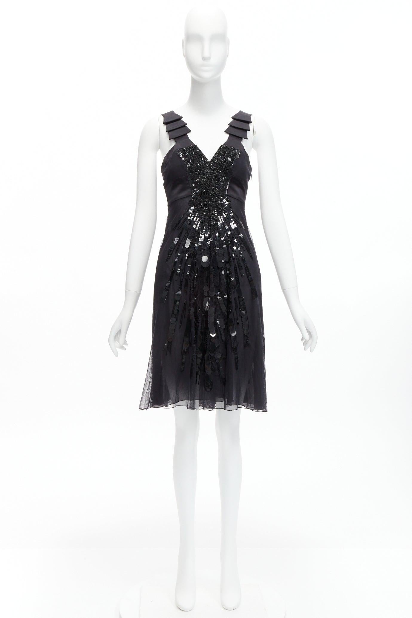 rare VERSACE 2008 black sequins bead embellishment ruffle strap dress IT38 XS For Sale 6