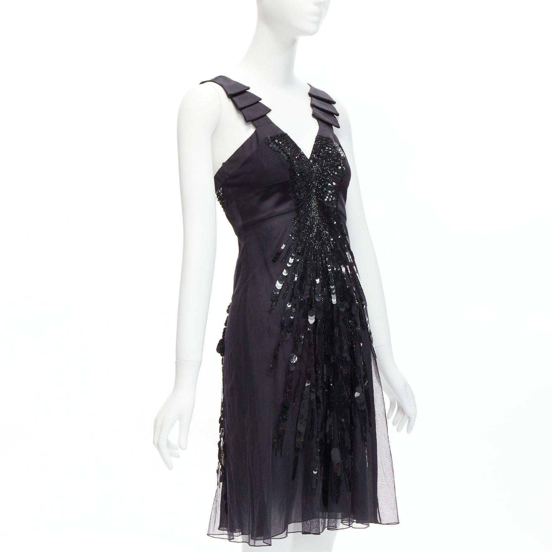 Black rare VERSACE 2008 black sequins bead embellishment ruffle strap dress IT38 XS For Sale
