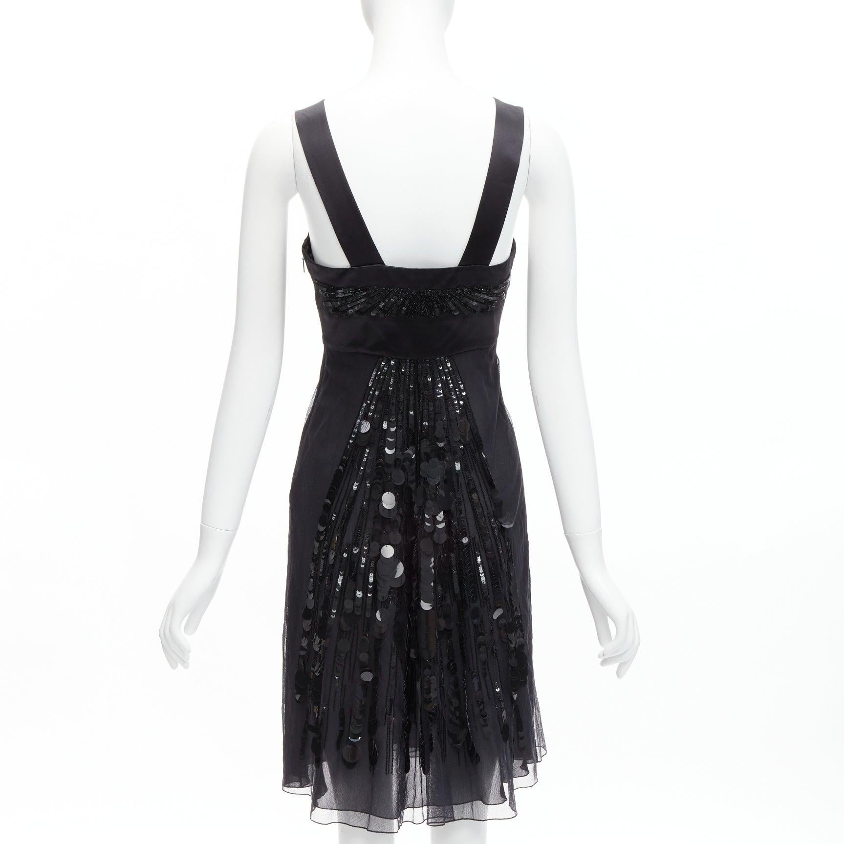 Women's rare VERSACE 2008 black sequins bead embellishment ruffle strap dress IT38 XS For Sale