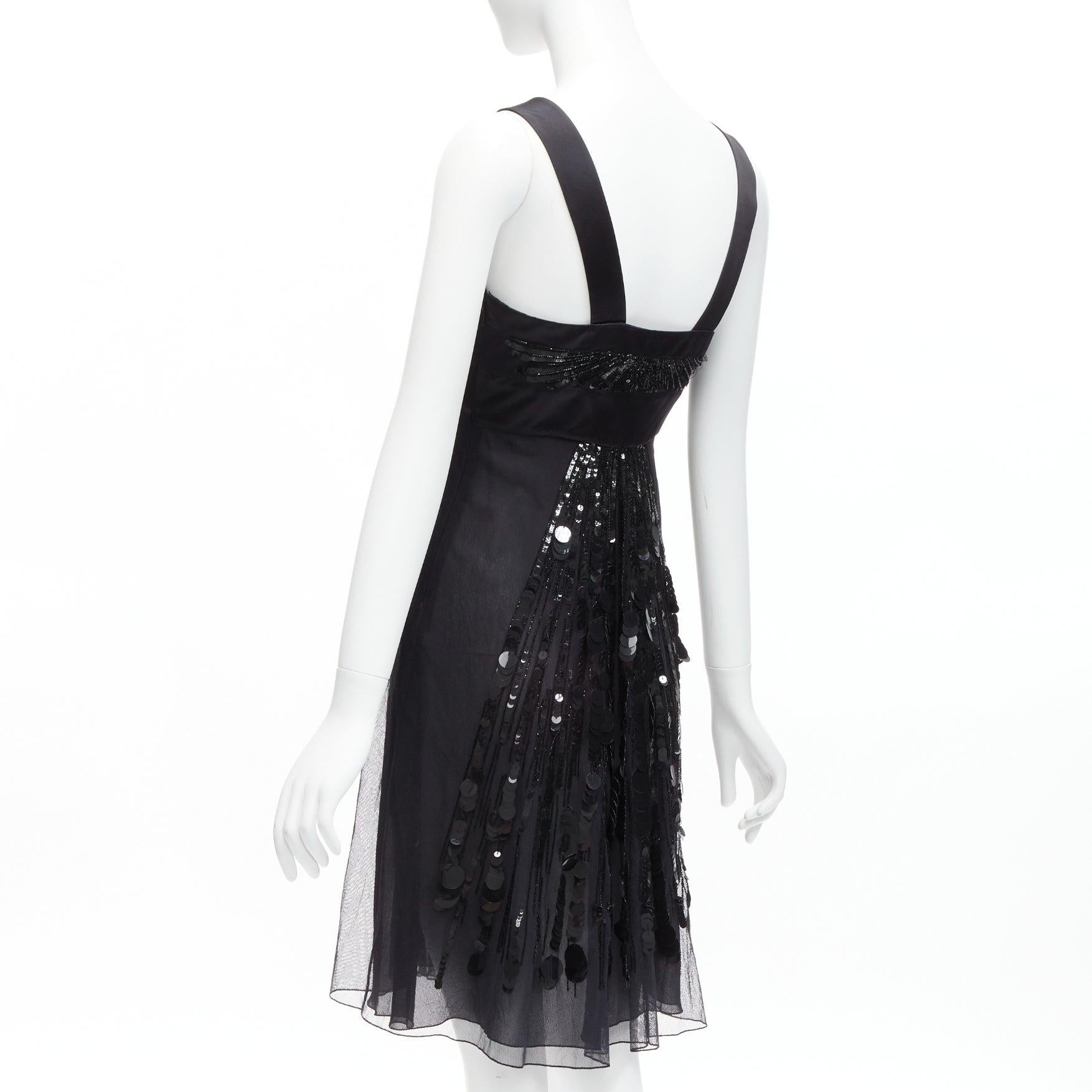 rare VERSACE 2008 black sequins bead embellishment ruffle strap dress IT38 XS For Sale 1
