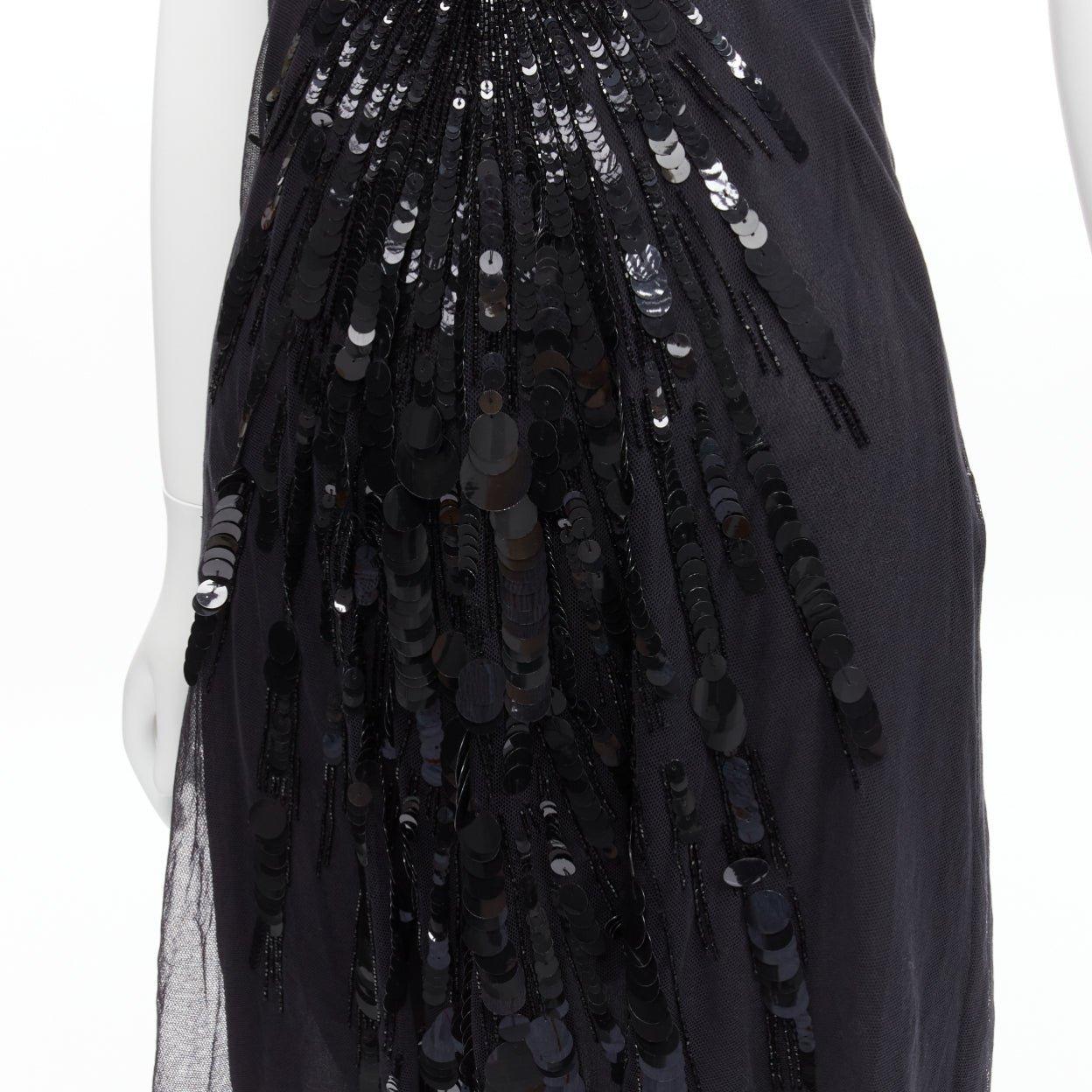 rare VERSACE 2008 black sequins bead embellishment ruffle strap dress IT38 XS For Sale 2