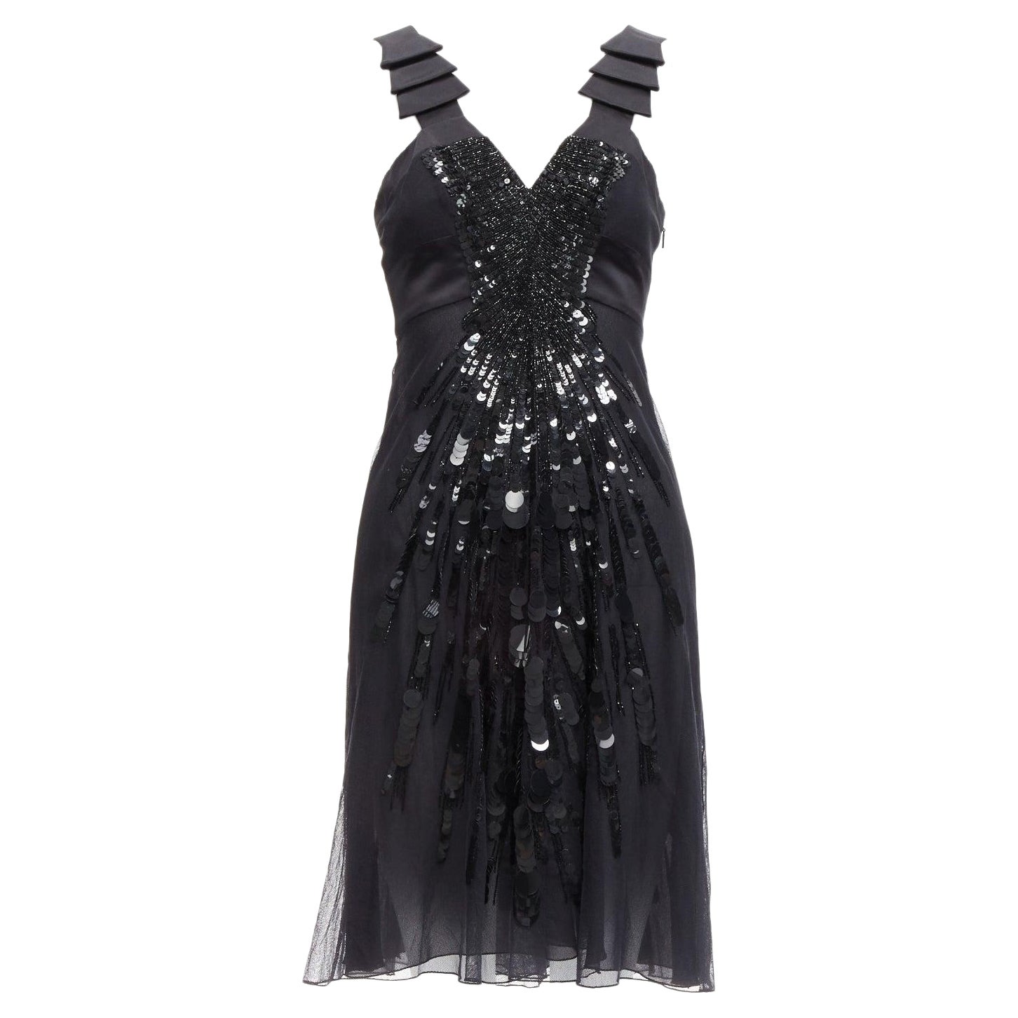 raro VERSACE 2008 abito nero con paillettes e perline con cinturino a balze IT38 XS