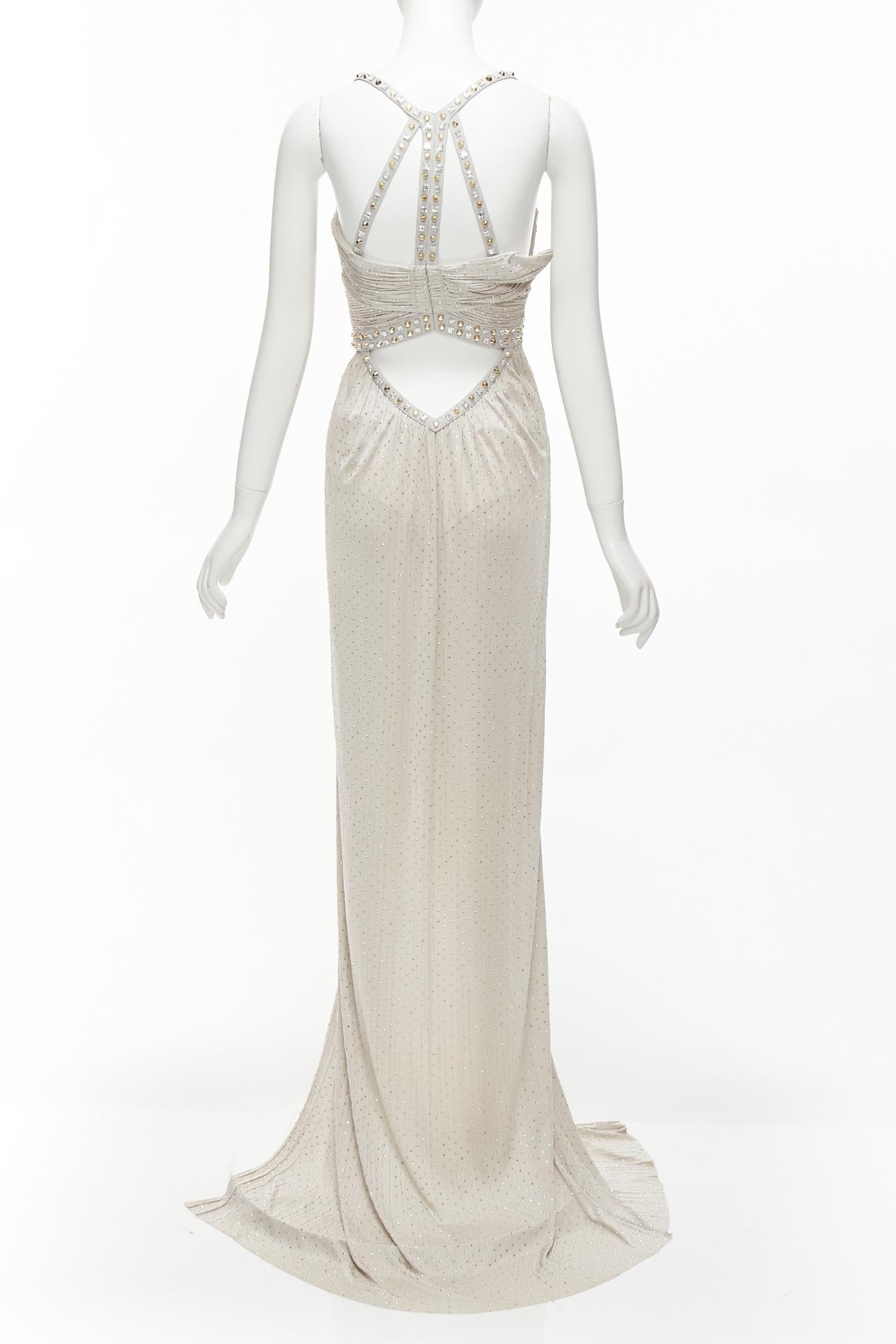 Women's rare VERSACE 2011 Runway crystal embellished studded harness evening gown IT38 For Sale