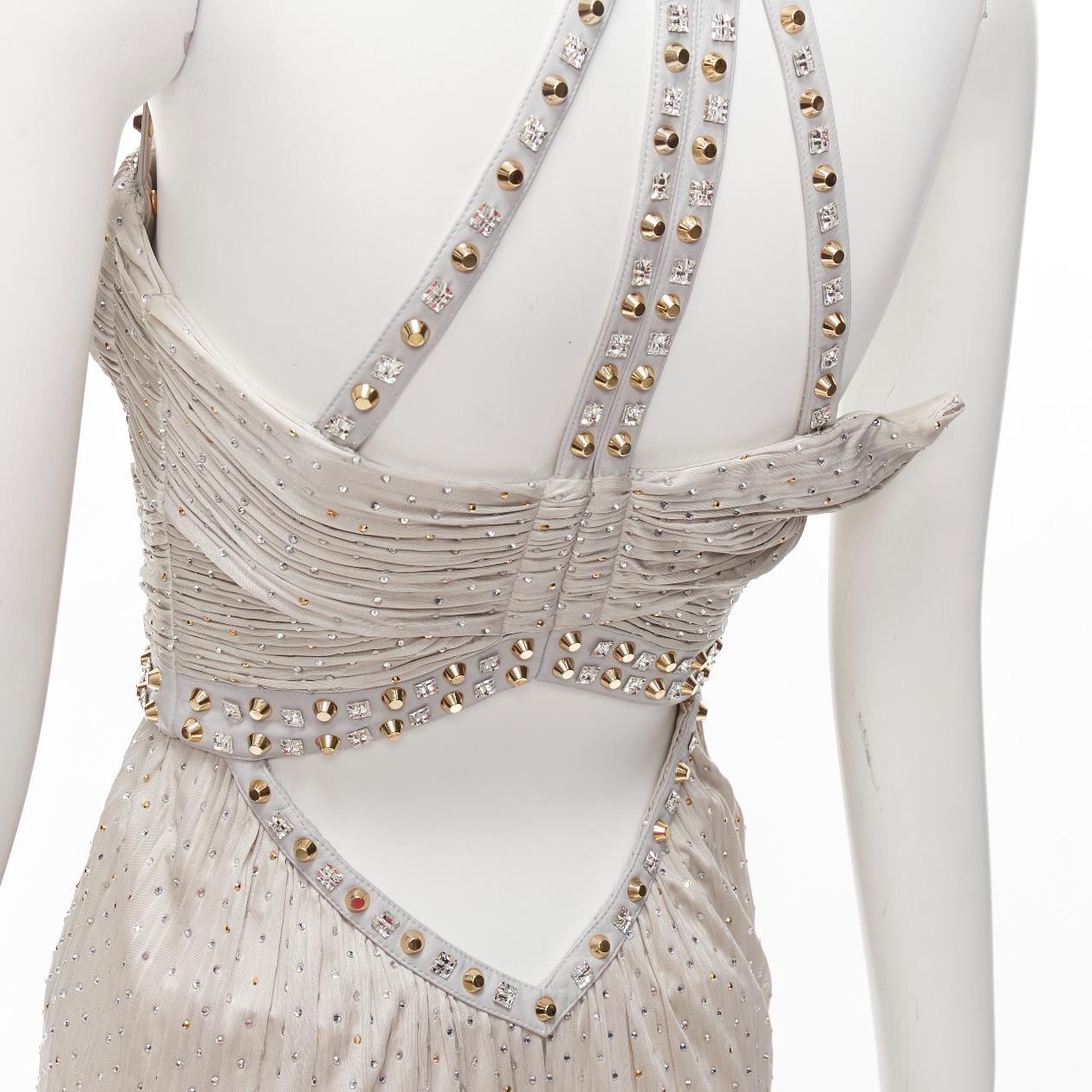 rare VERSACE 2011 Runway crystal embellished studded harness evening gown IT38 For Sale 3