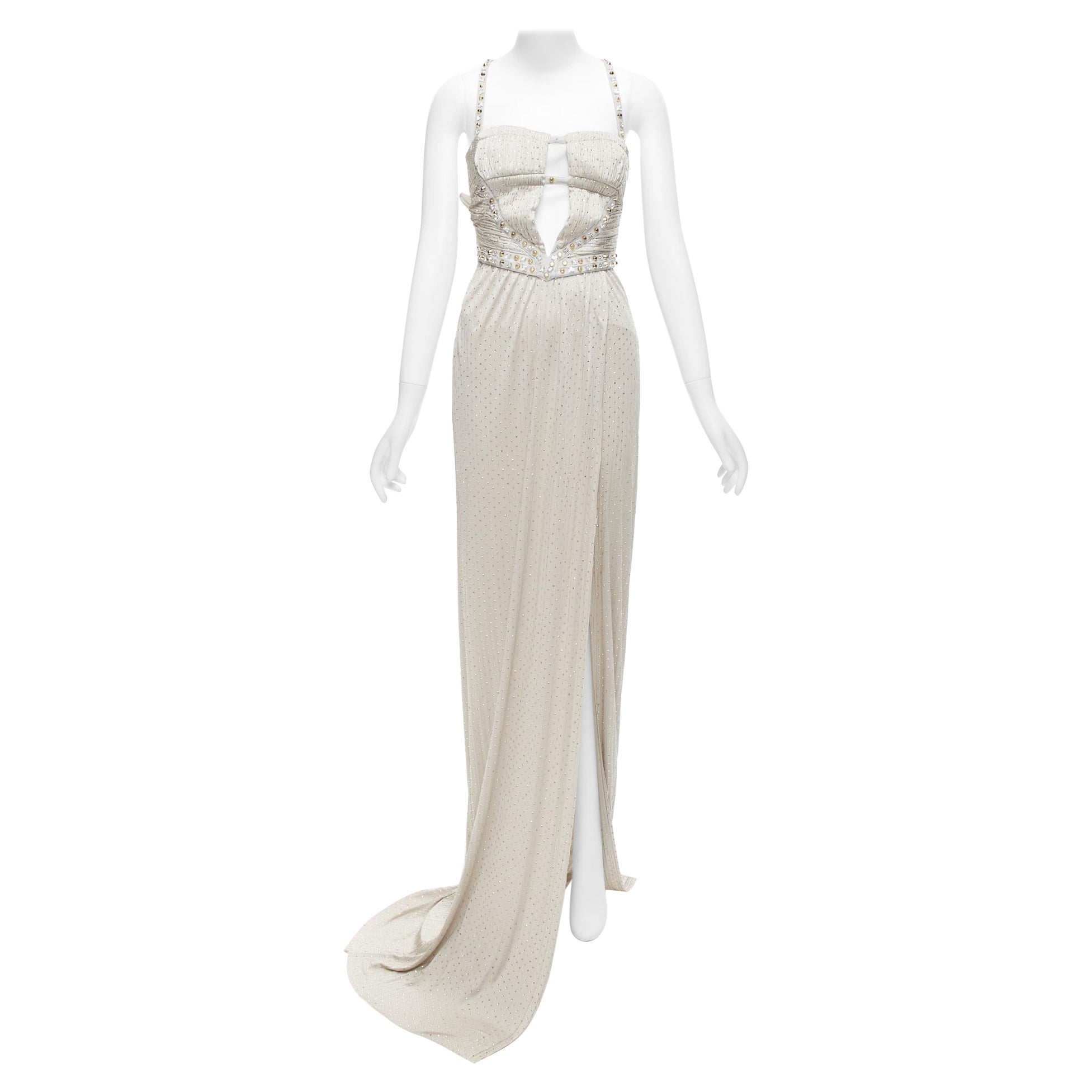 Seltenes VERSACE 2011 Laufsteg-Abendkleid mit Kristallverzierung und Nieten aus geschliffenem Harz IT38