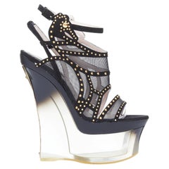 rare VERSACE 2012 Runway suede mesh studded Lucite clear wedge sandals EU36
