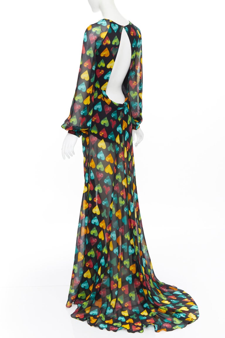 rare VERSACE 2019 Runway heart print embellished plaque silk chiffon gown  IT38 at 1stDibs