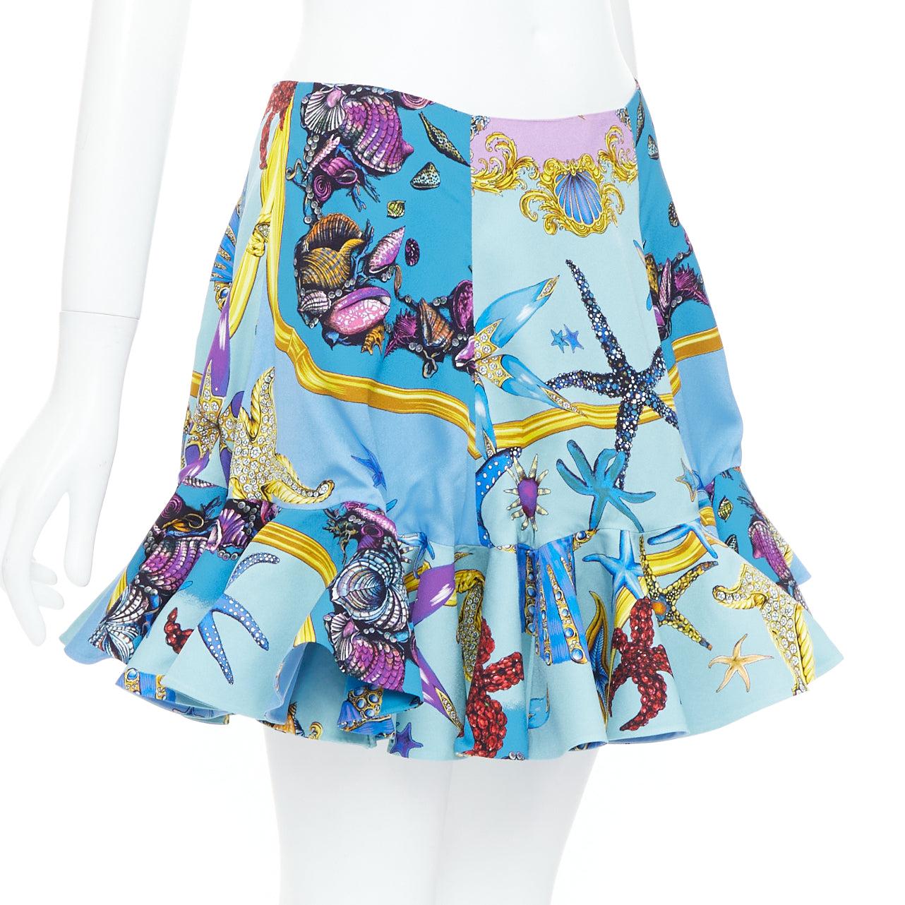 Bleu rare VERSACE 2021 Runway Tresor de la Mer starfish flounce flutter skirt IT42 M en vente