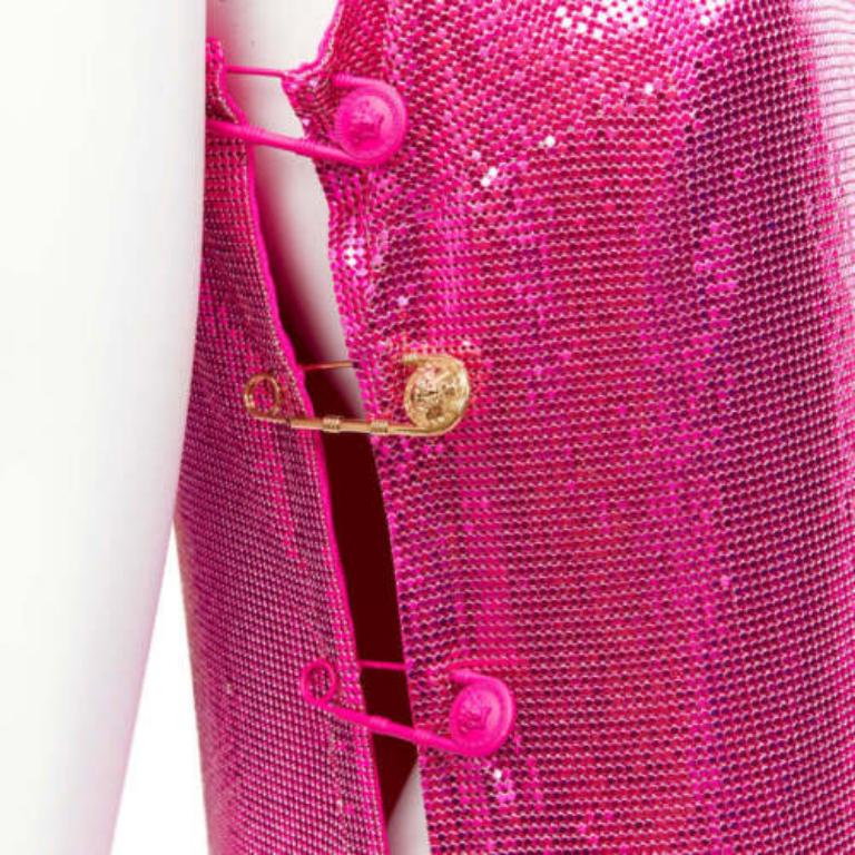 Purple rare VERSACE 2022 Runway metal mesh chainmail Medusa safety pin mini dress IT38 For Sale
