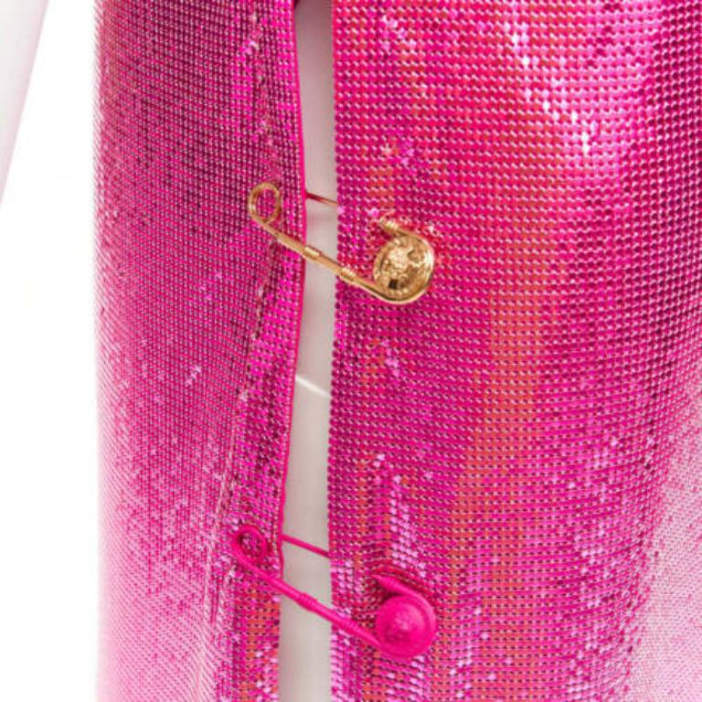 rare VERSACE 2022 Runway metal mesh chainmail Medusa safety pin mini dress IT38 For Sale 2