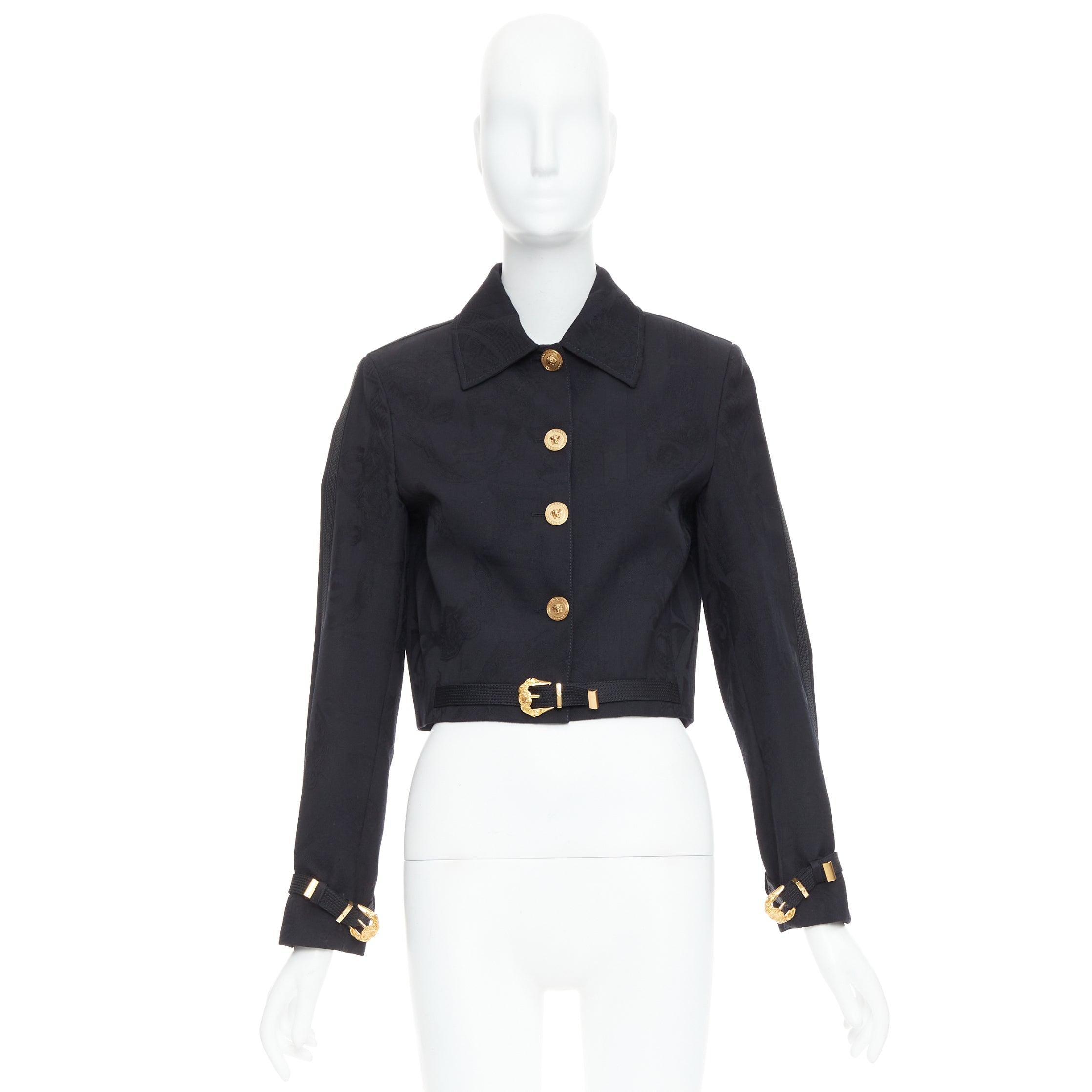 rare VERSACE black wool Medusa jacquard barocco buckle cropped jacket IT38 XS For Sale 5