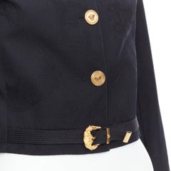 rare VERSACE black wool Medusa jacquard barocco buckle cropped jacket IT38 XS