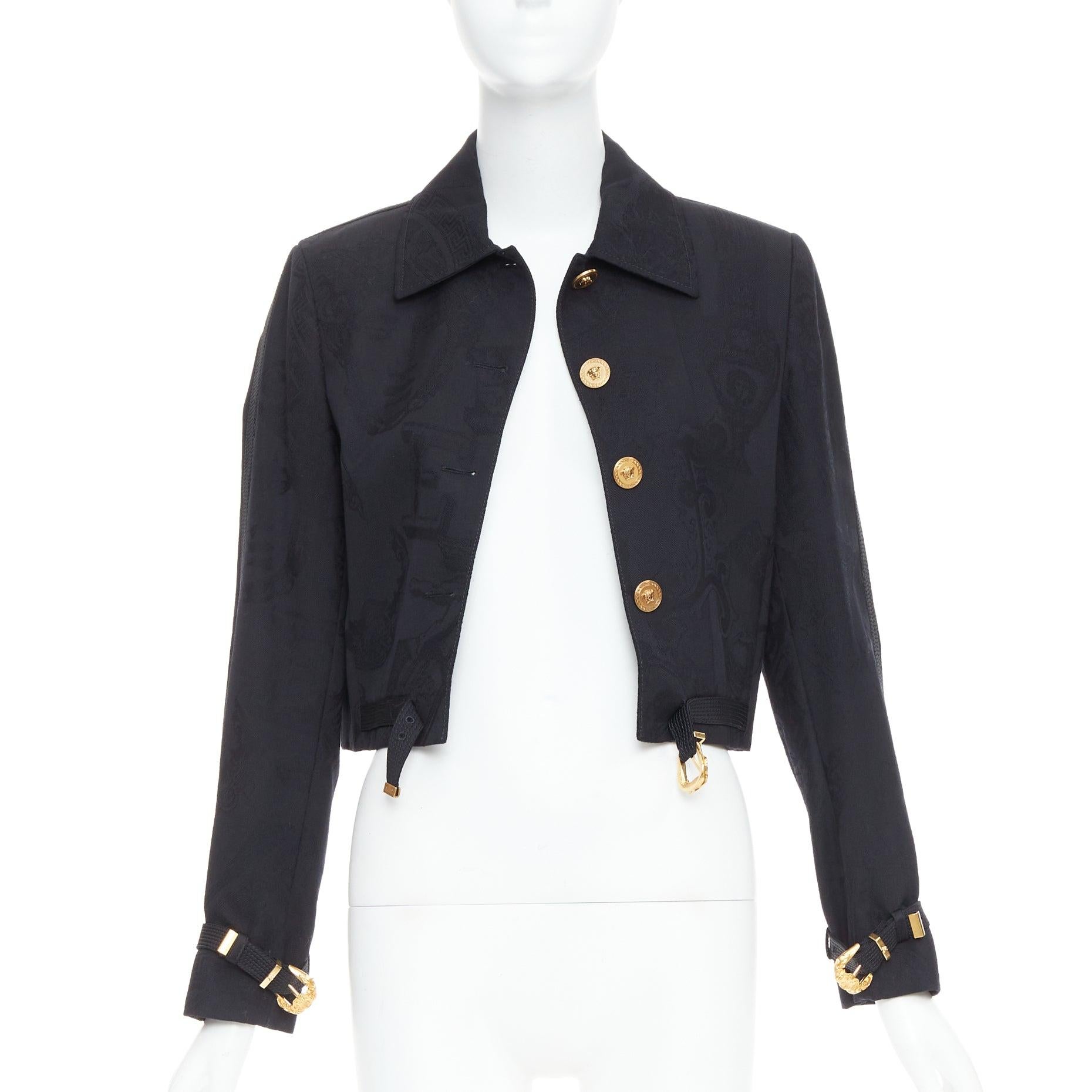 Black rare VERSACE black wool Medusa jacquard barocco buckle cropped jacket IT38 XS For Sale