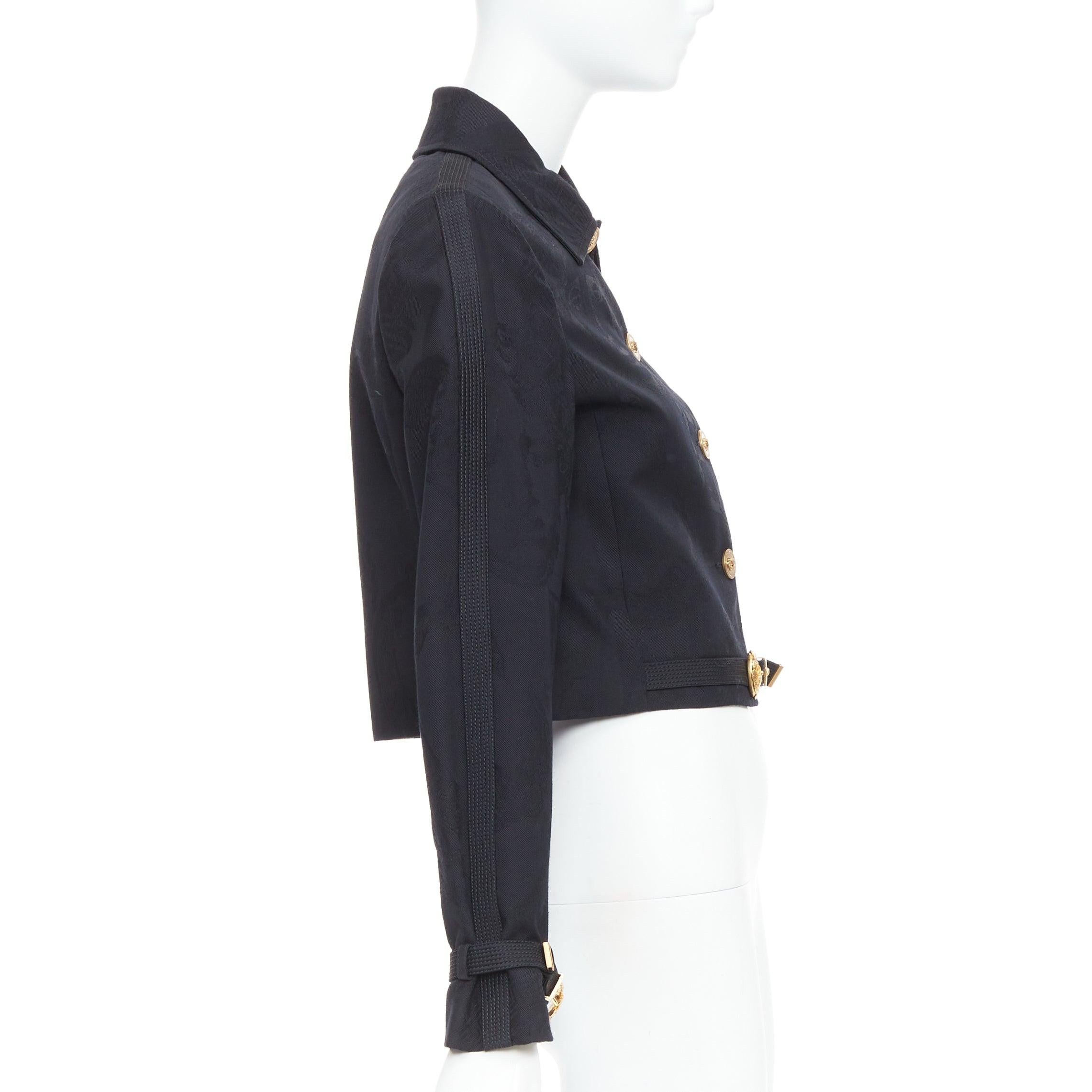 Women's rare VERSACE black wool Medusa jacquard barocco buckle cropped jacket IT38 XS For Sale