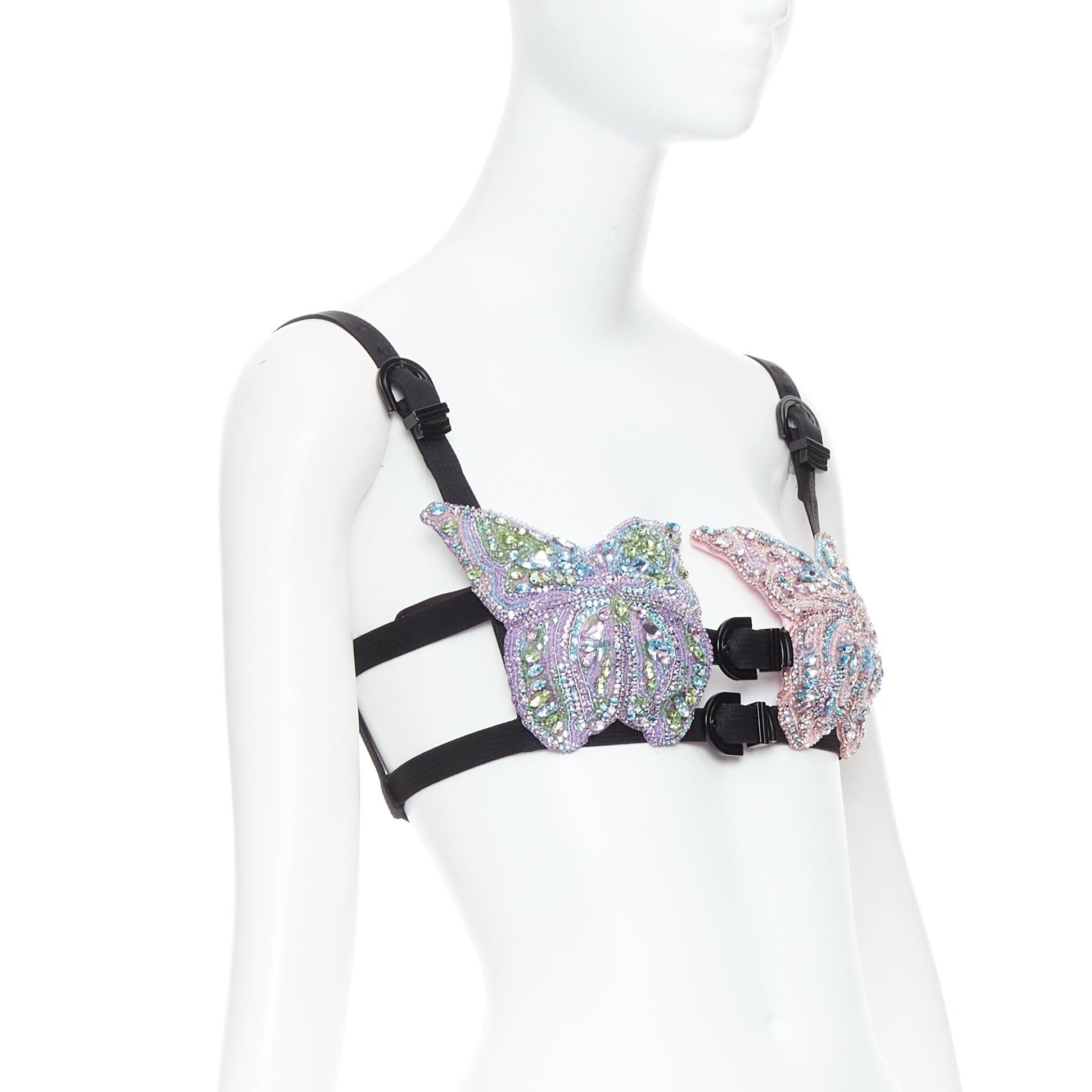 Gray rare VERSACE Dua Lipa 2023 La Vacanza Runway crystal bondage bra IT36 XXS For Sale