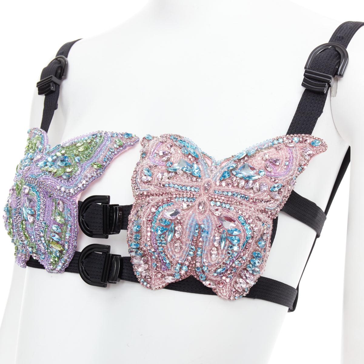 rare VERSACE Dua Lipa 2023 La Vacanza Runway crystal bondage bra IT36 XXS For Sale 2