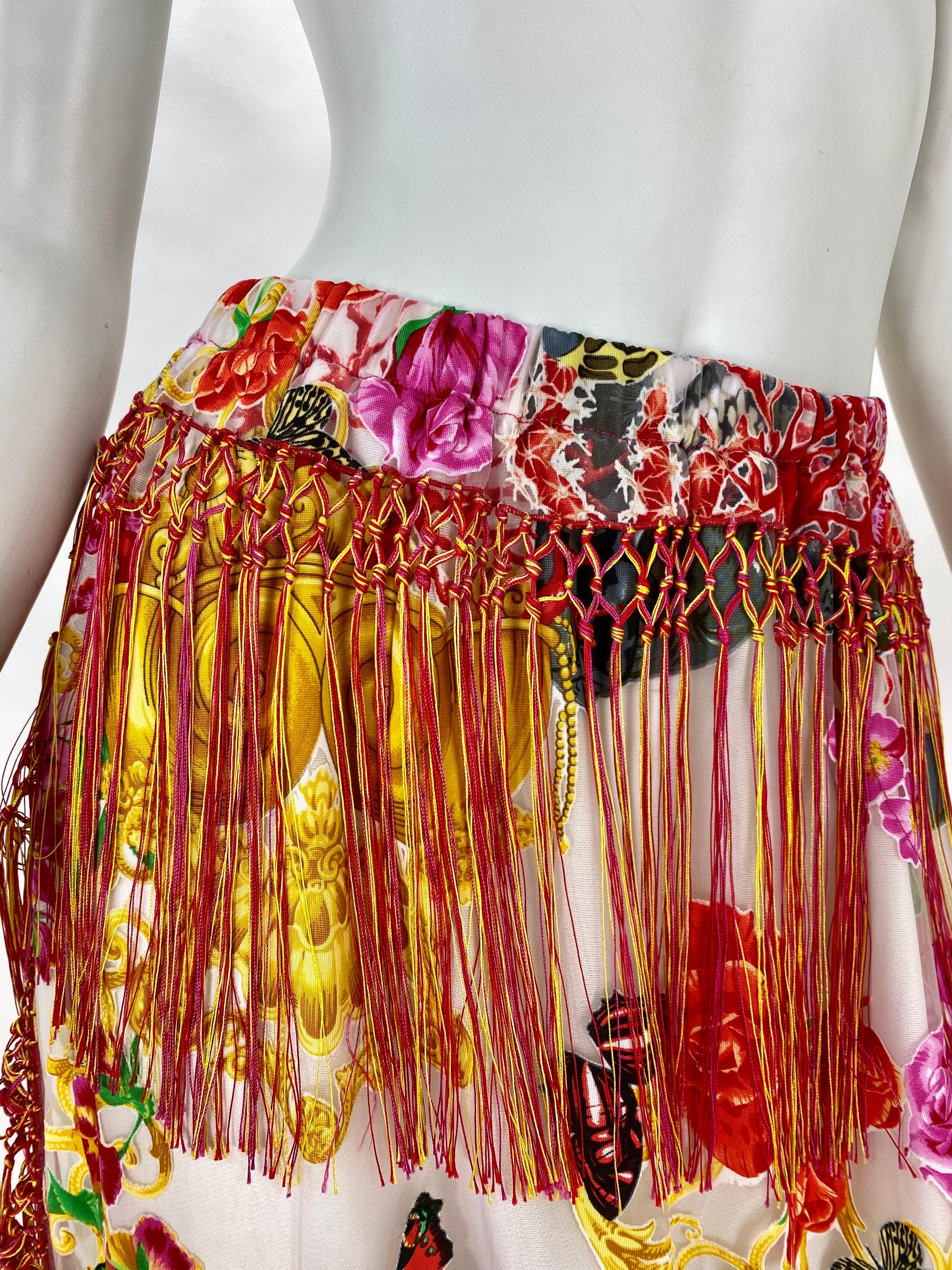 Rare Versace Le Jardin Barocco Printed Tulle Long Skirt with Fringe In Excellent Condition For Sale In Montgomery, TX