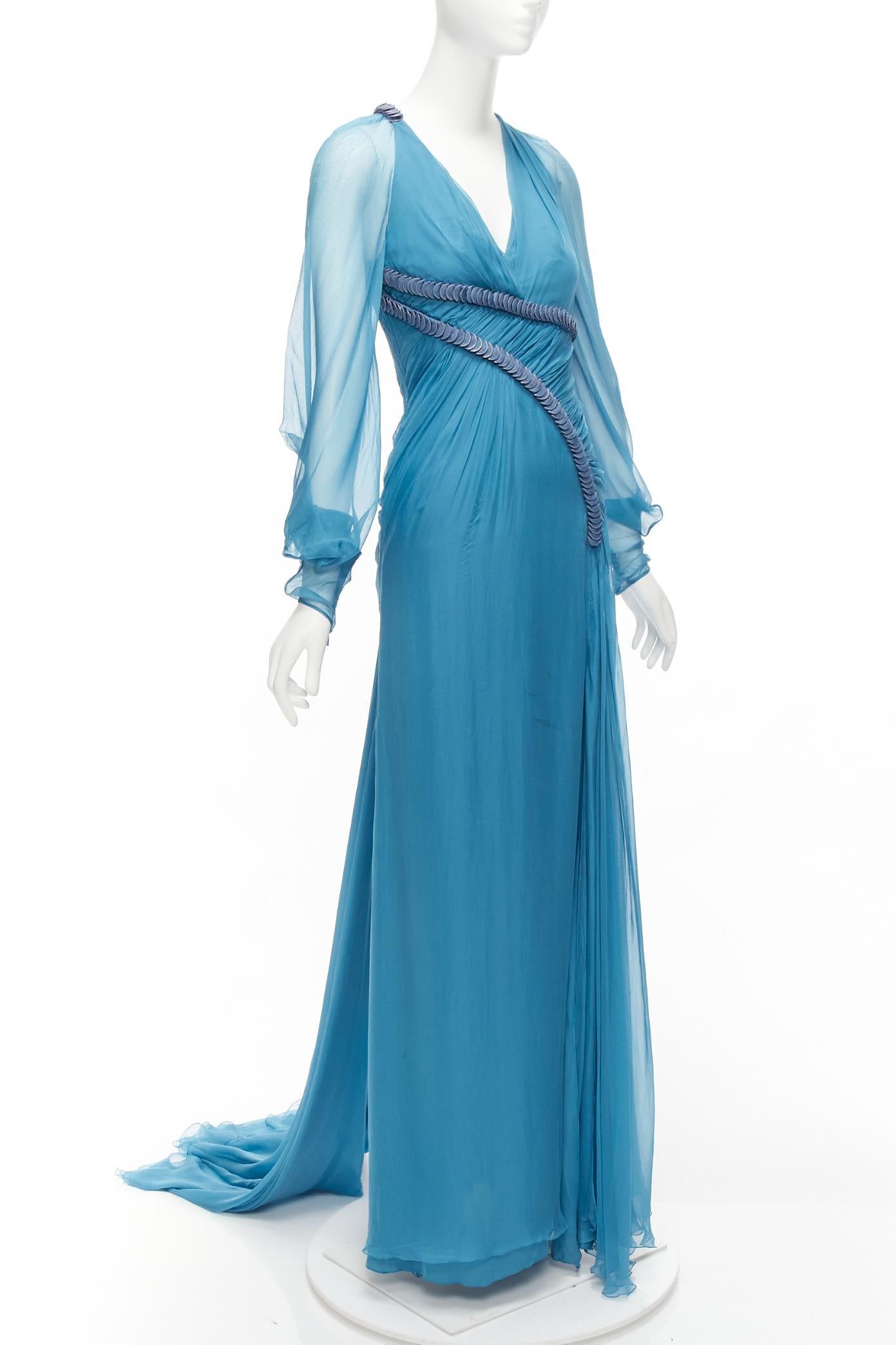 rare VERSACE Runway blue silk pailette embellished sheer sleeves draped evening gown
Reference: TGAS/D01130
Brand: Versace
Designer: Donatella Versace
Material: Silk
Color: Blue
Pattern: Solid
Closure: Zip
Lining: Nude Mesh
Extra Details: Mesh