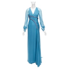 rare VERSACE Runway silk pailette embellished sheer sleeves draped evening gown