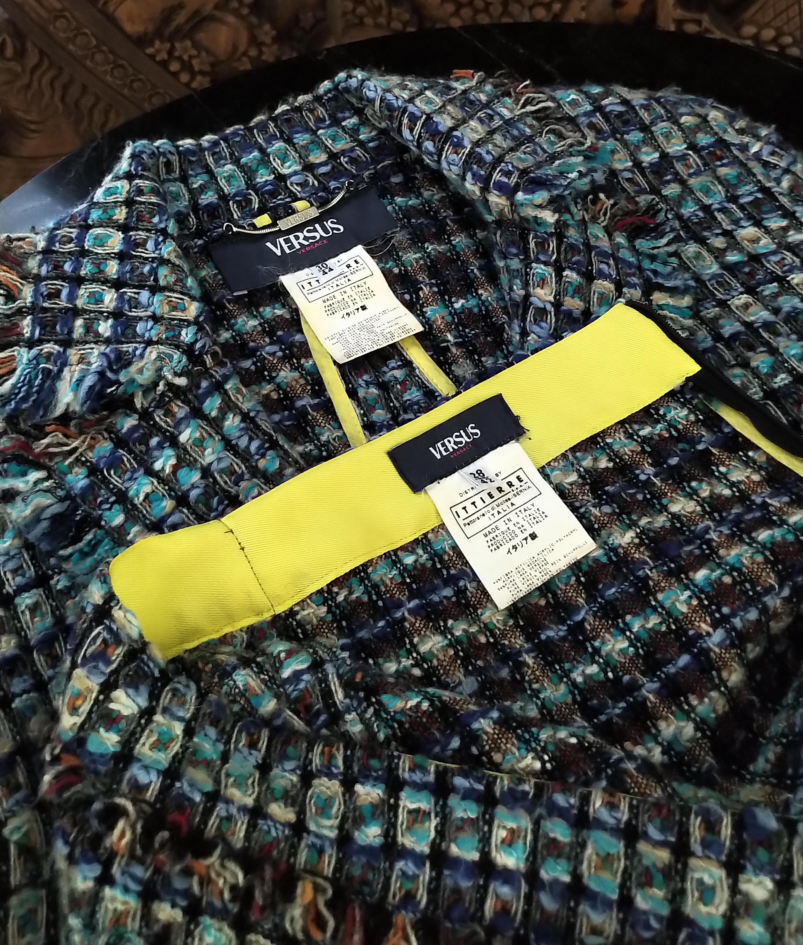 Rare Versace Versus Aqua Multi Color Tweed Runway Jacket Mini Skirt IT 42/ US 6 For Sale 3