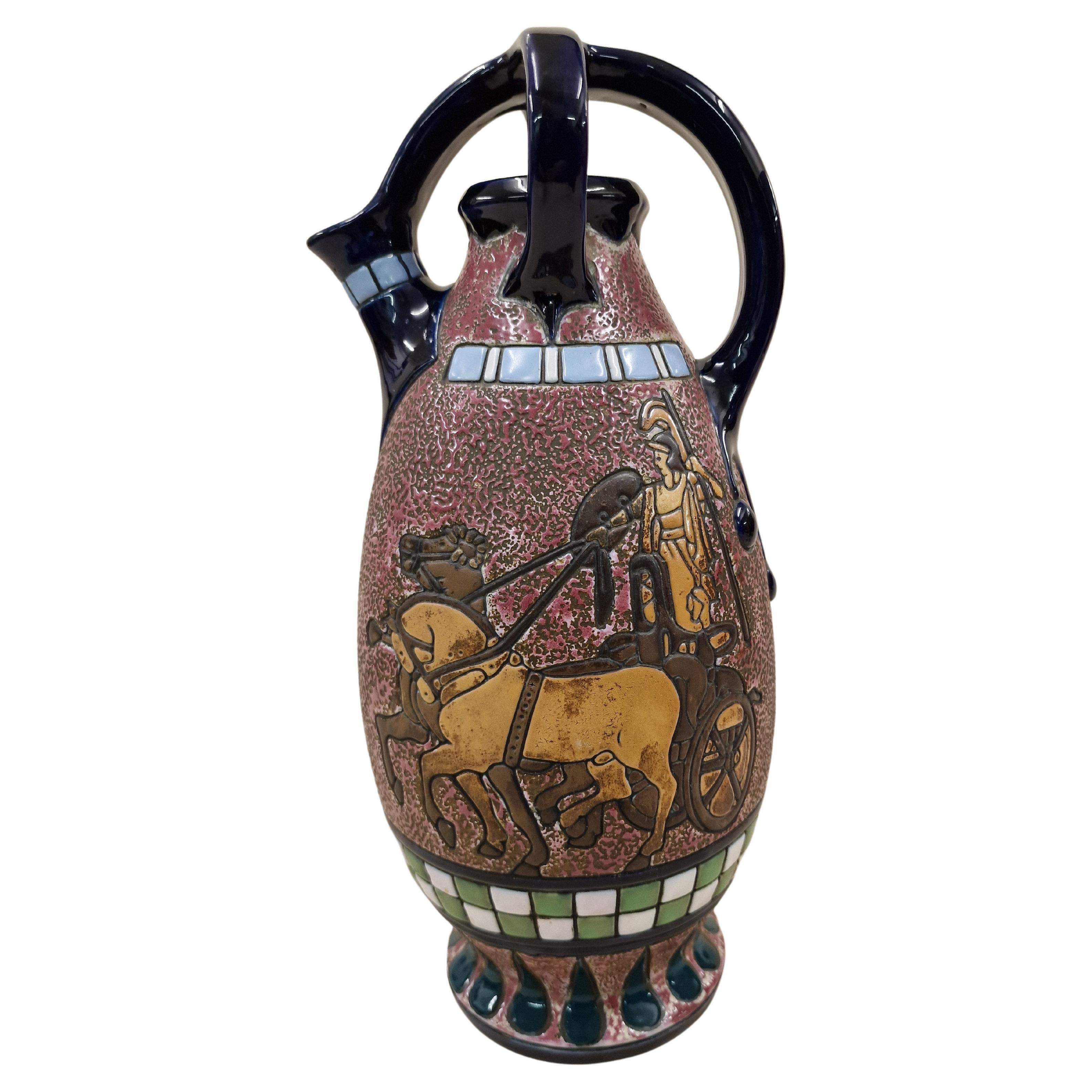 Rare very decorative swivel jug, horse carriage, 1915 Art Deco, Amphora, Czech R